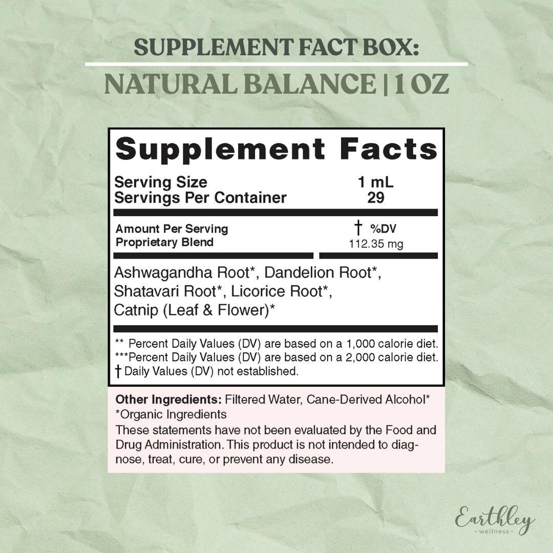 Supplement facts label for Natural Balance 1 oz tincture showing serving size, herbal blend ingredients, and FDA disclaimer