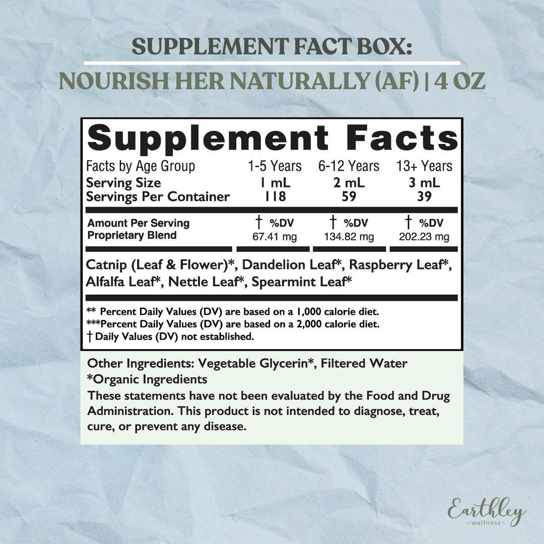 Supplement facts label for Nourish Her Naturally herbal tincture showing serving sizes, ingredients, and dosage by age group