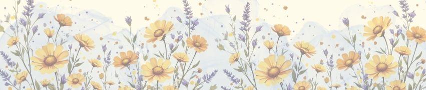 Delicate watercolor pattern of yellow chamomile flowers and purple lavender sprigs on soft cream background