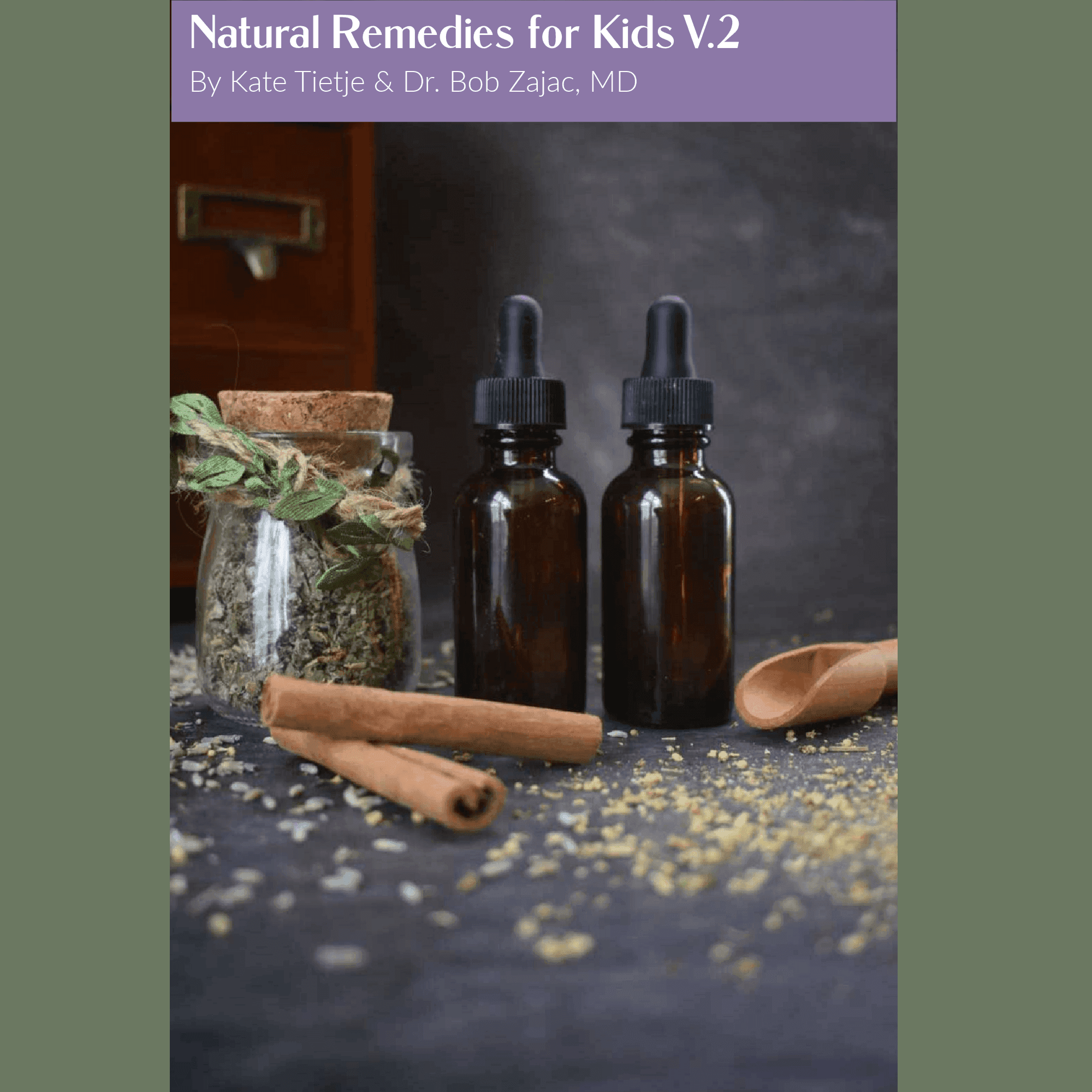 Natural Remedies for Kids V.2 book cover featuring amber tincture bottles, dried herbs in jar, and cinnamon sticks