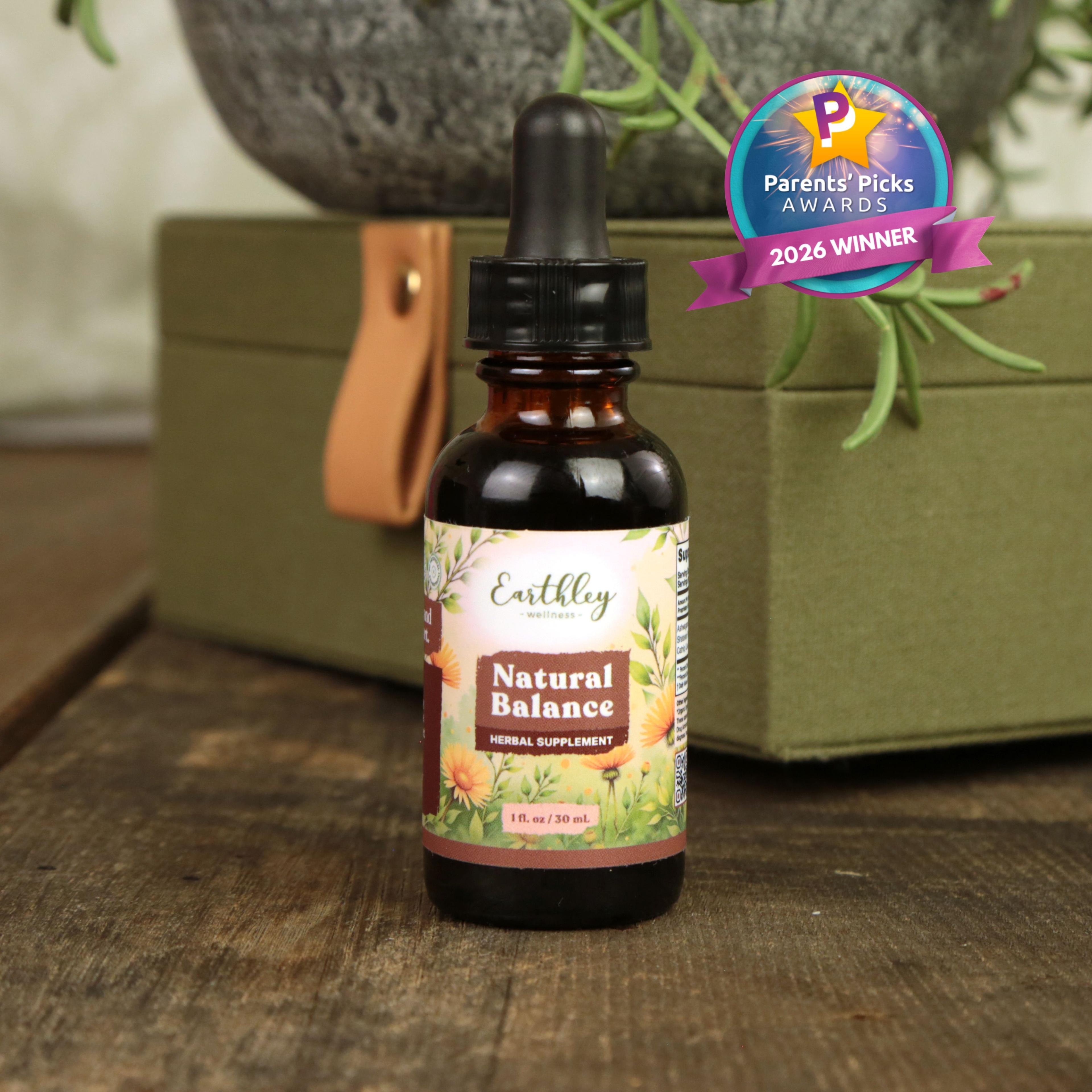 Earthley Natural Balance herbal supplement tincture bottle with dropper, featuring Parents' Picks 2026 Winner award badge
