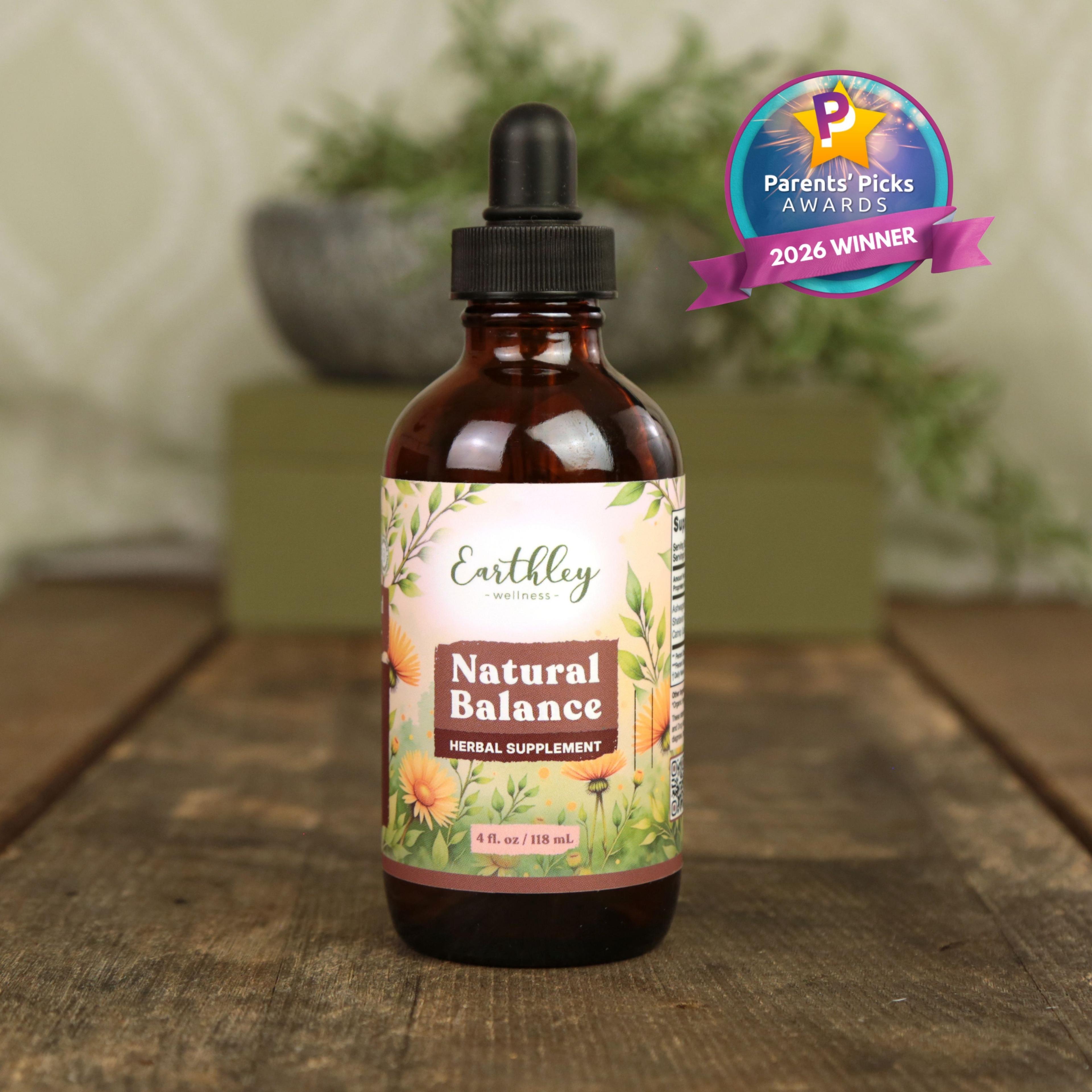 Earthley Natural Balance herbal supplement tincture bottle with dropper, featuring Parents' Picks 2026 Winner award badge