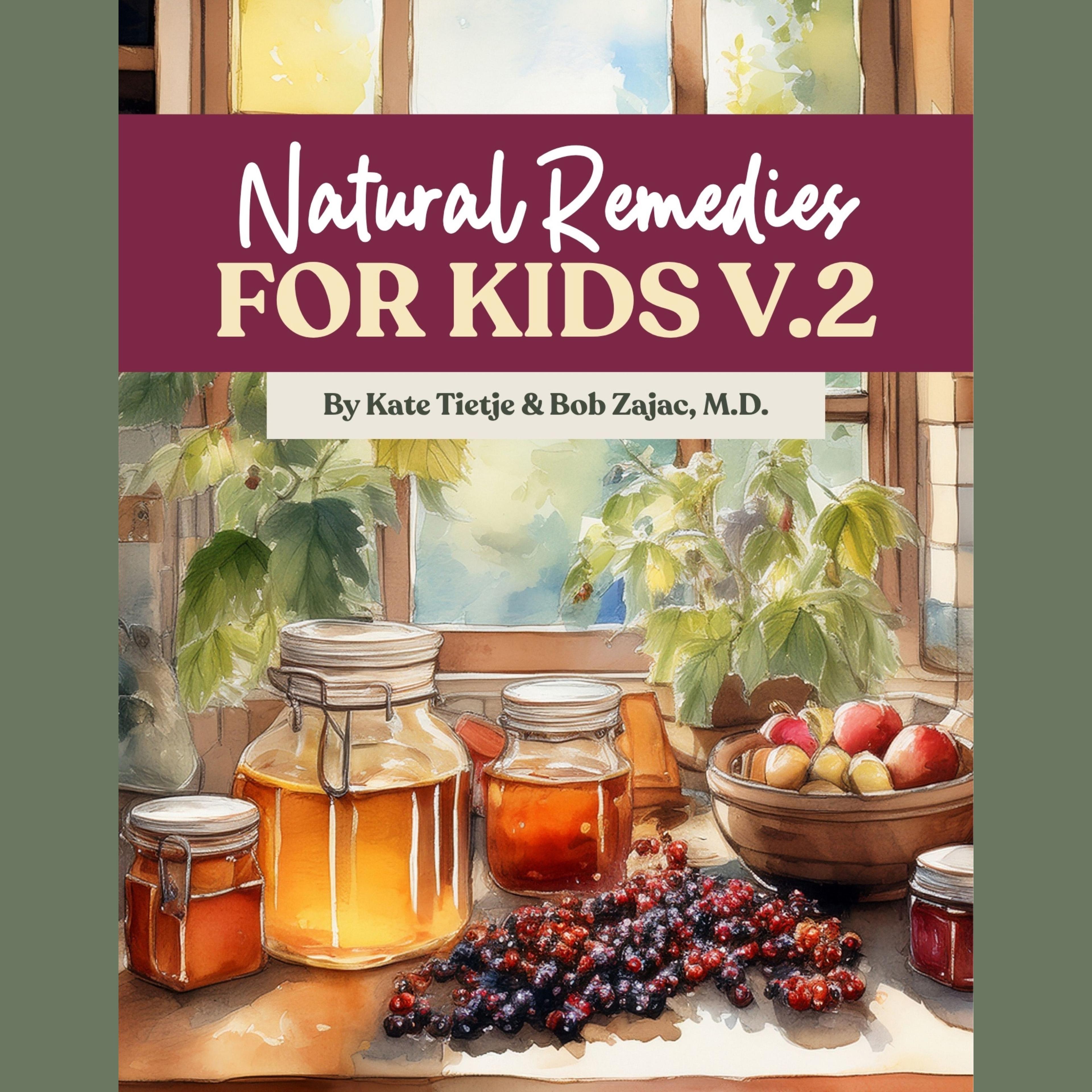 Natural Remedies for Kids V.2 book cover featuring honey jars, elderberries, and herbs on windowsill by Kate Tietje & Bob Zajac, M.D.