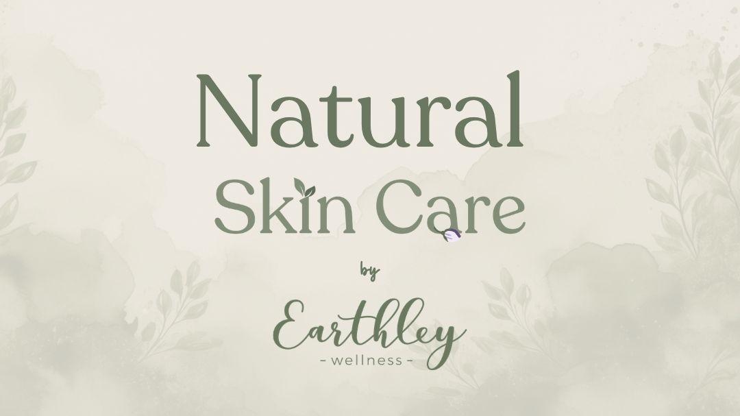 Natural Skin Care by Earthley Wellness logo on beige background with botanical leaf illustrations