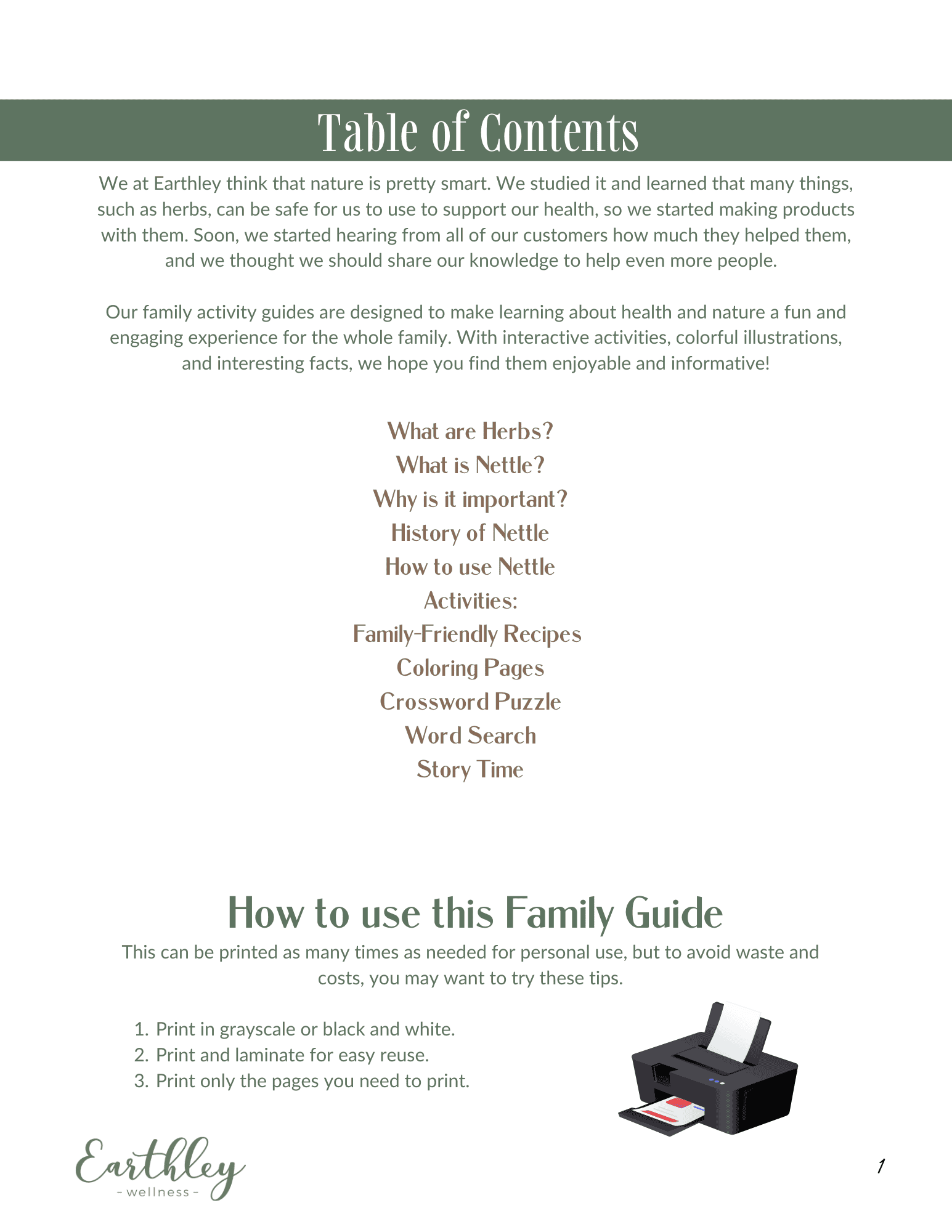 Nettle Mini Family Guide table of contents page with sage green header chapter listings including What is Nettle History and How to Use Nettle with printer icon on white background