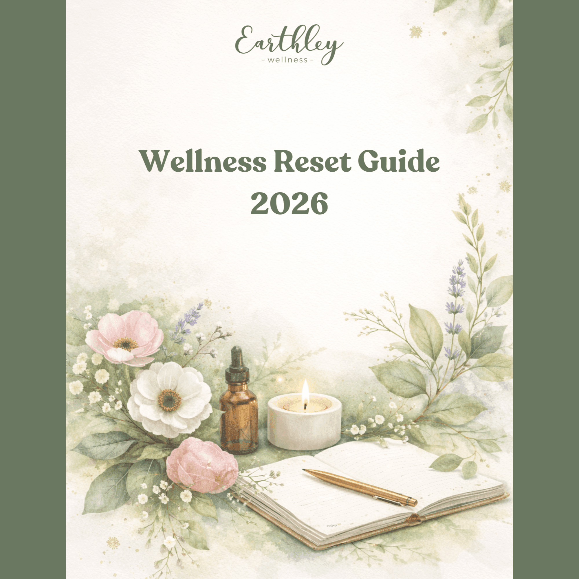 Earthley Wellness Reset Guide 2026 cover featuring watercolor botanical illustration with pink and white flowers, amber tincture bottle, lit candle, open journal with pen, and green foliage border on sage green background