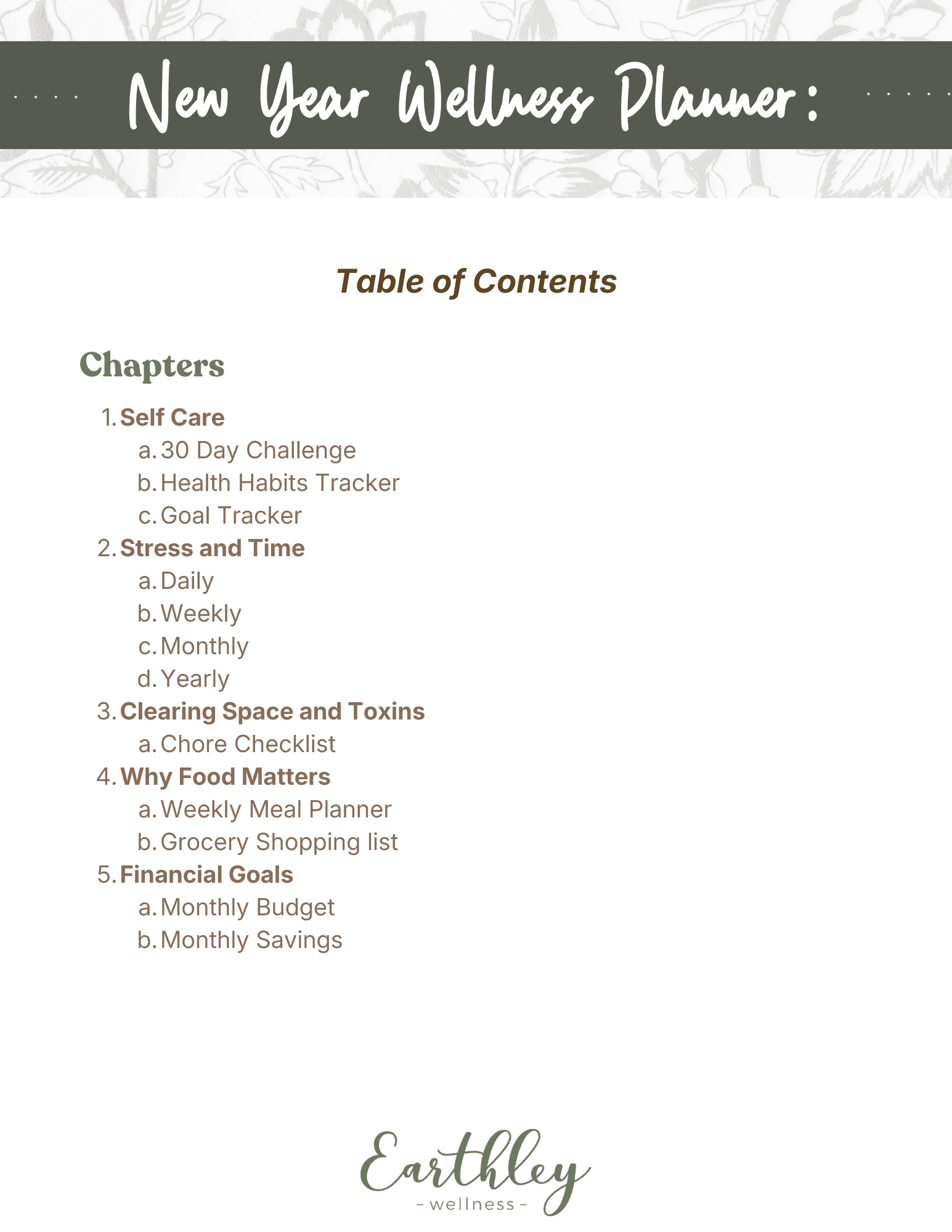 New Year Wellness Planner Table of Contents page listing five chapters: Self Care with 30 Day Challenge Health Habits Tracker and Goal Tracker, Stress and Time with Daily Weekly Monthly and Yearly planners, Clearing Space and Toxins with Chore Checklist, Why Food Matters with Weekly Meal Planner and Grocery Shopping list, and Financial Goals with Monthly Budget and Savings trackers