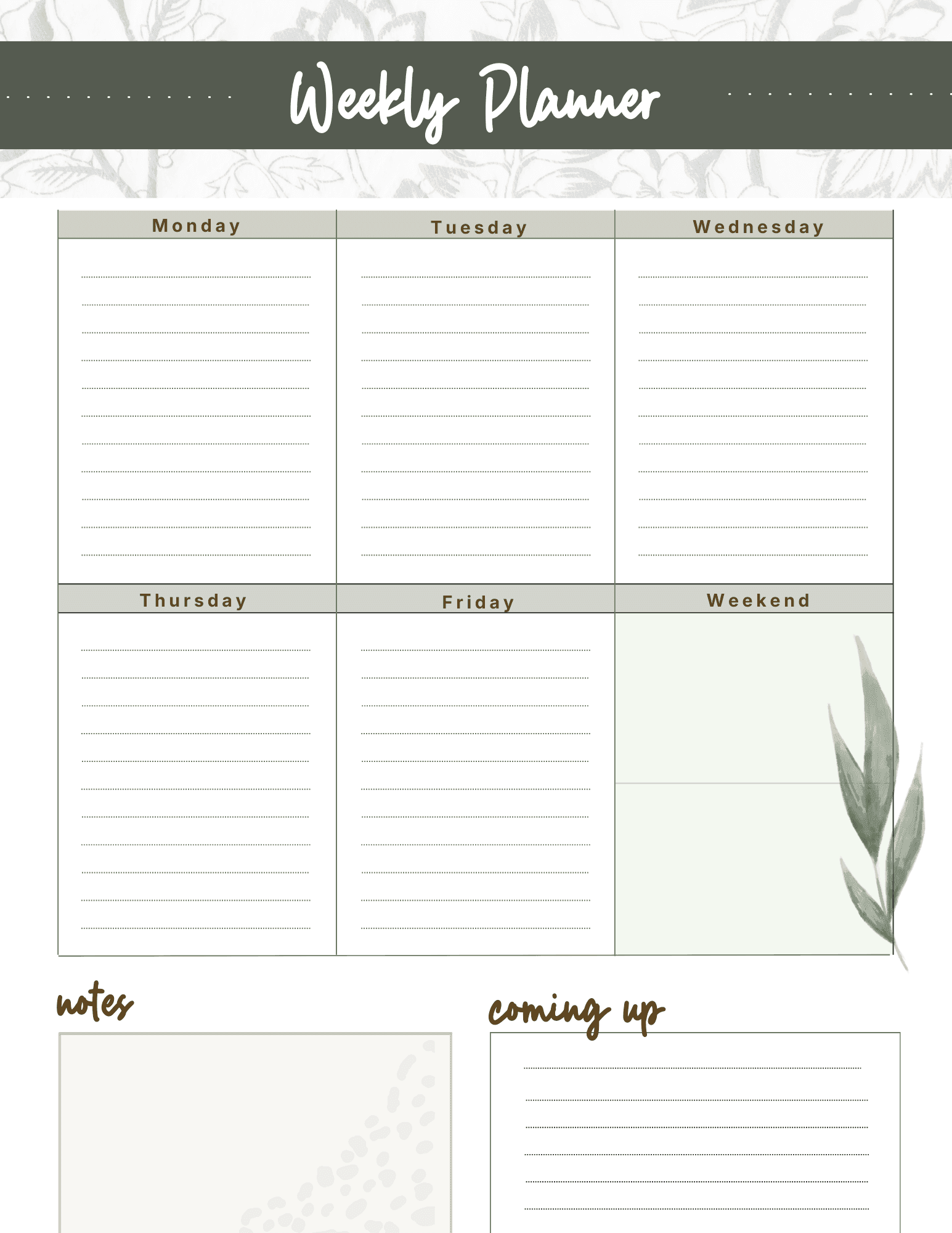Weekly Planner template page with sections for Monday through Friday, Weekend box, Notes section, and Coming Up area featuring botanical leaf decoration and sage green header with handwritten style title