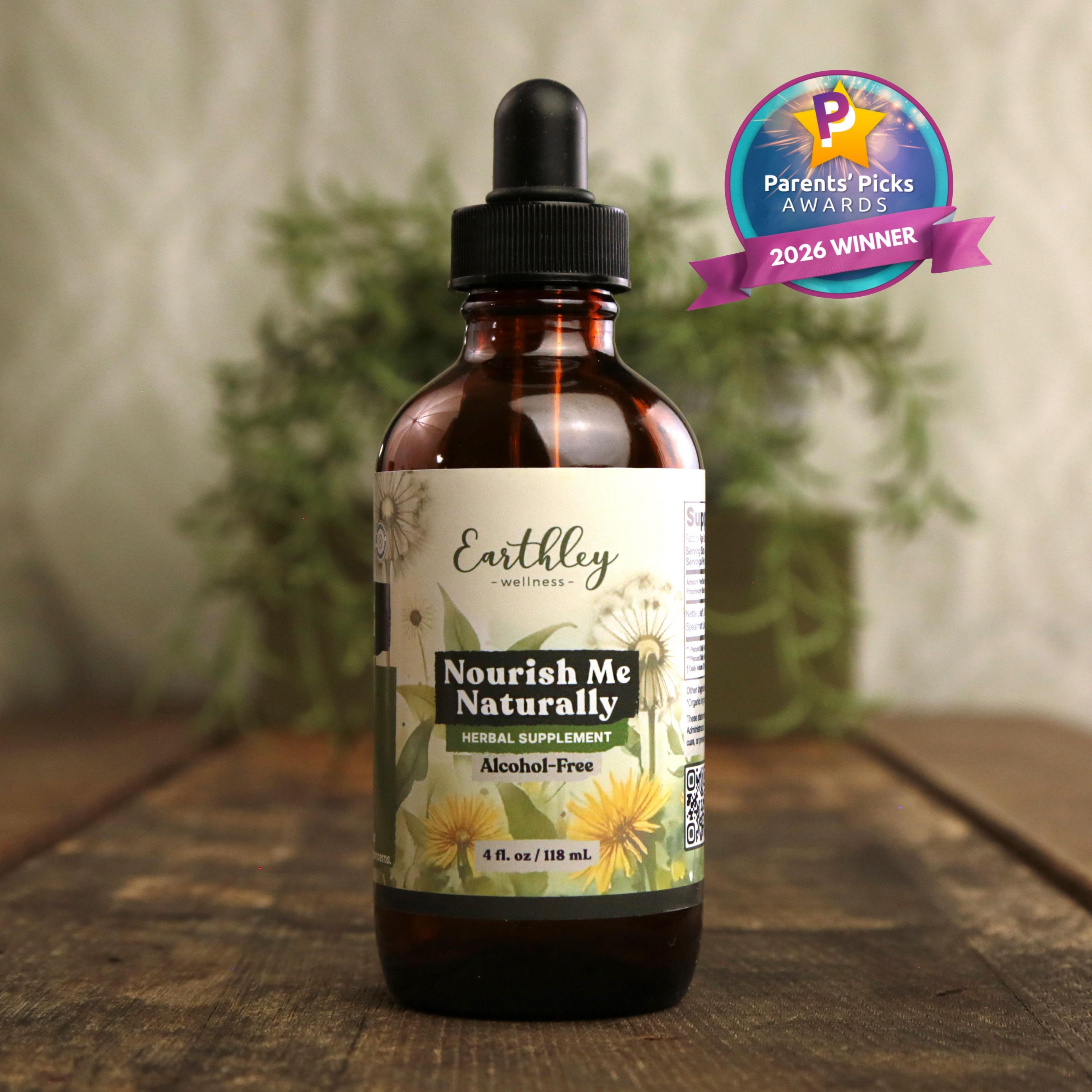 Earthley Nourish Me Naturally herbal supplement bottle with dropper, featuring Parents' Picks 2026 Winner award badge