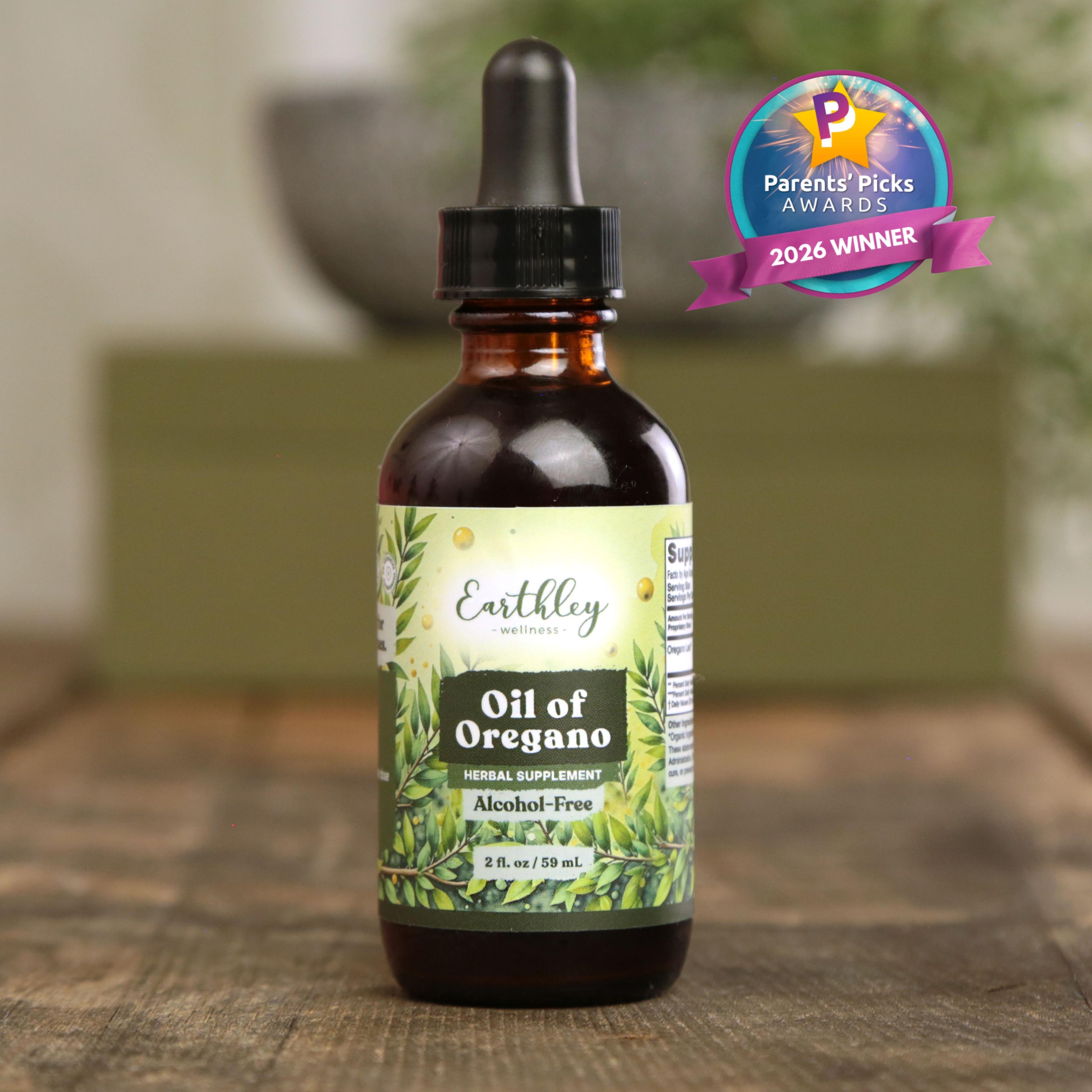Earthley Wellness Oil of Oregano herbal supplement bottle with dropper, featuring Parents' Picks Awards 2026 Winner badge