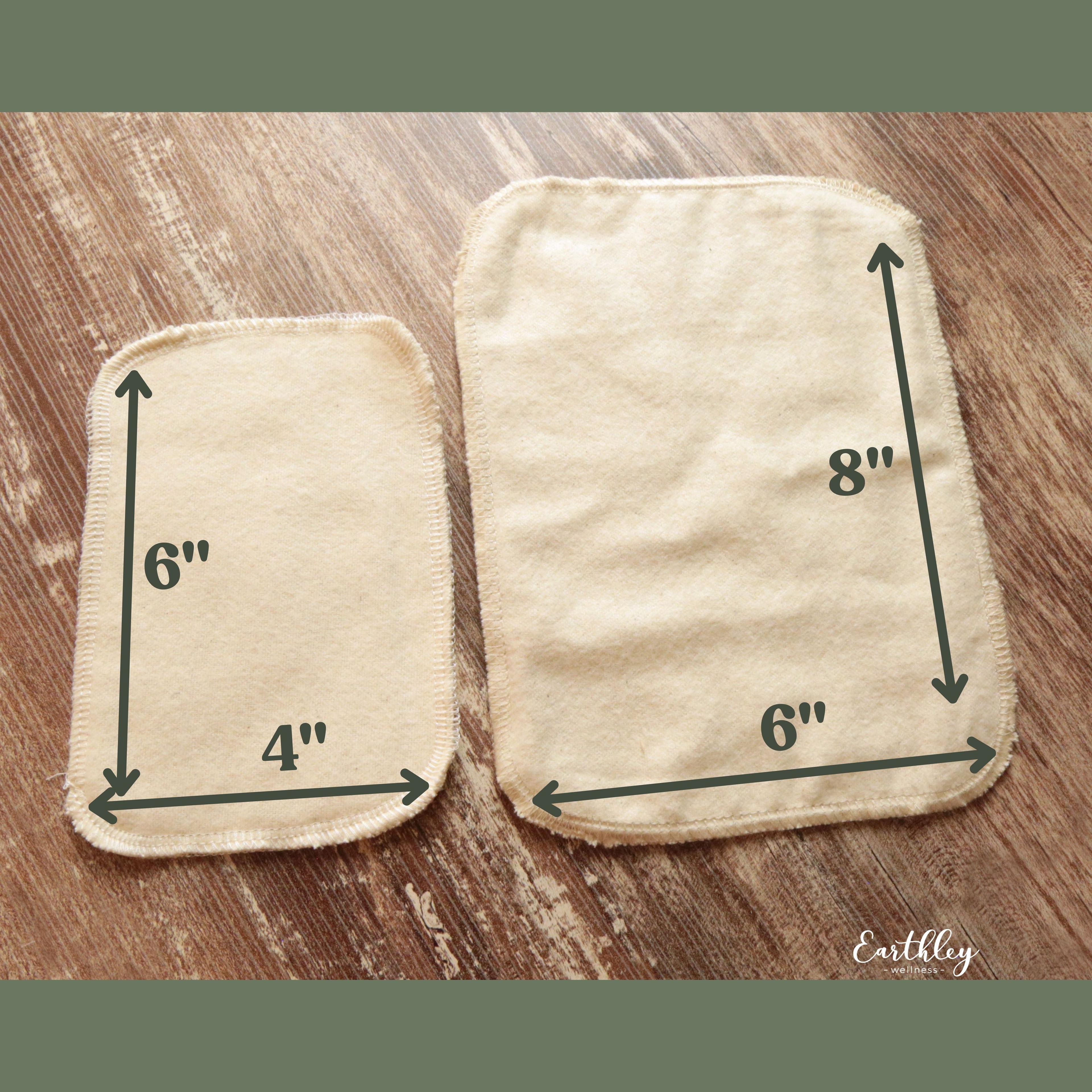 Two natural cotton reusable wipes: small 4x6 inch and large 6x8 inch sizes shown side by side.