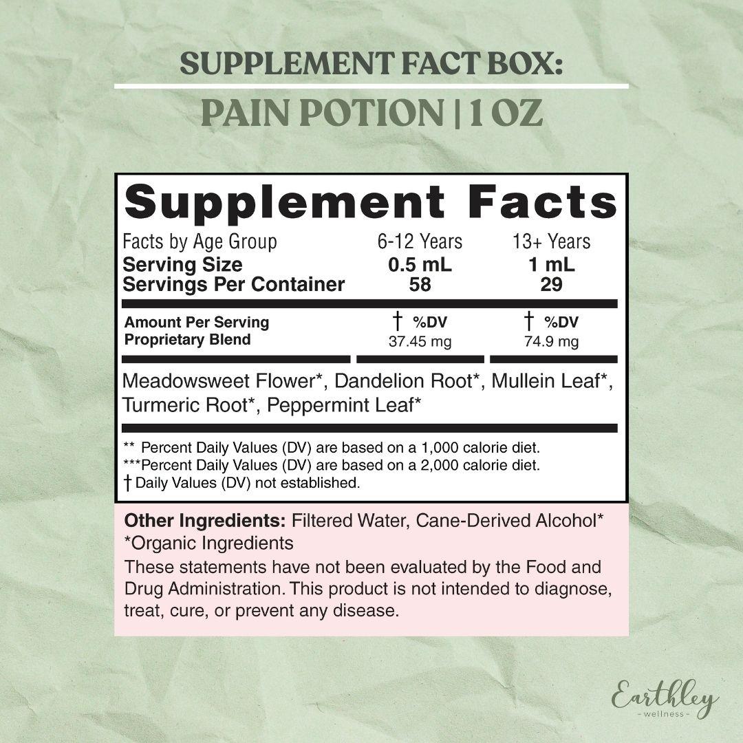 Supplement facts label for Pain Potion 1 oz tincture showing organic herbal blend ingredients and dosage by age group