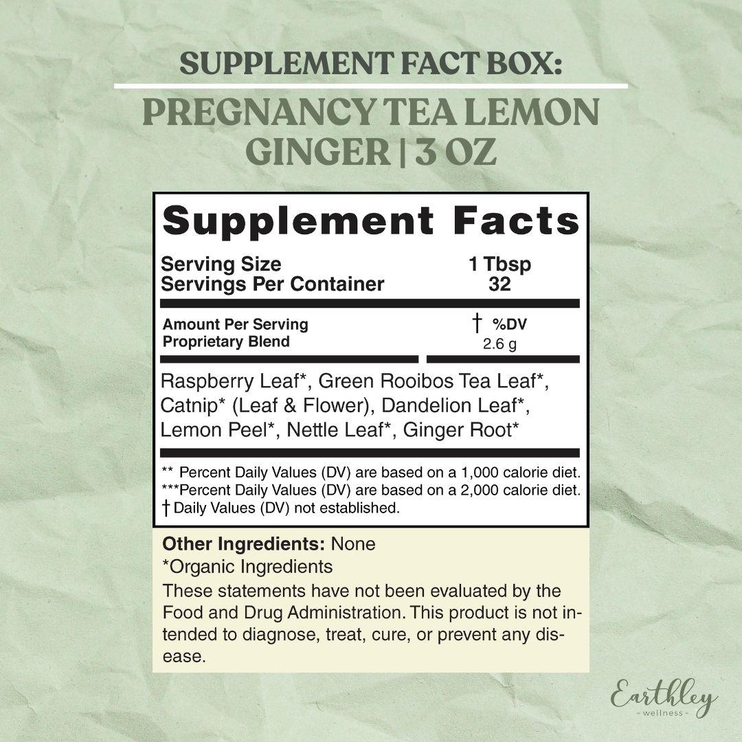 Supplement facts label for Pregnancy Tea Lemon Ginger showing organic herbal blend ingredients and serving information