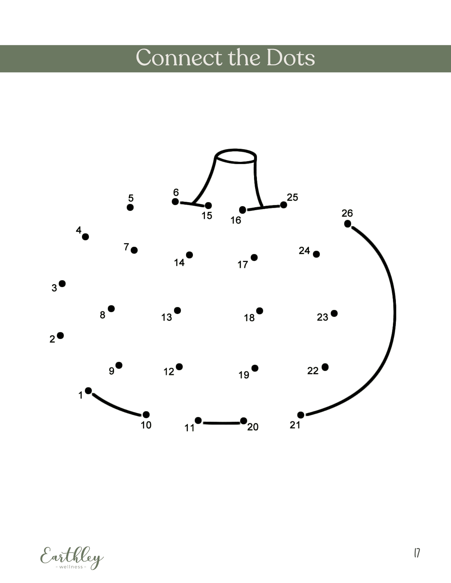 Earthley Connect the Dots activity page with sage green header showing numbered dots forming pumpkin shape outline on white background