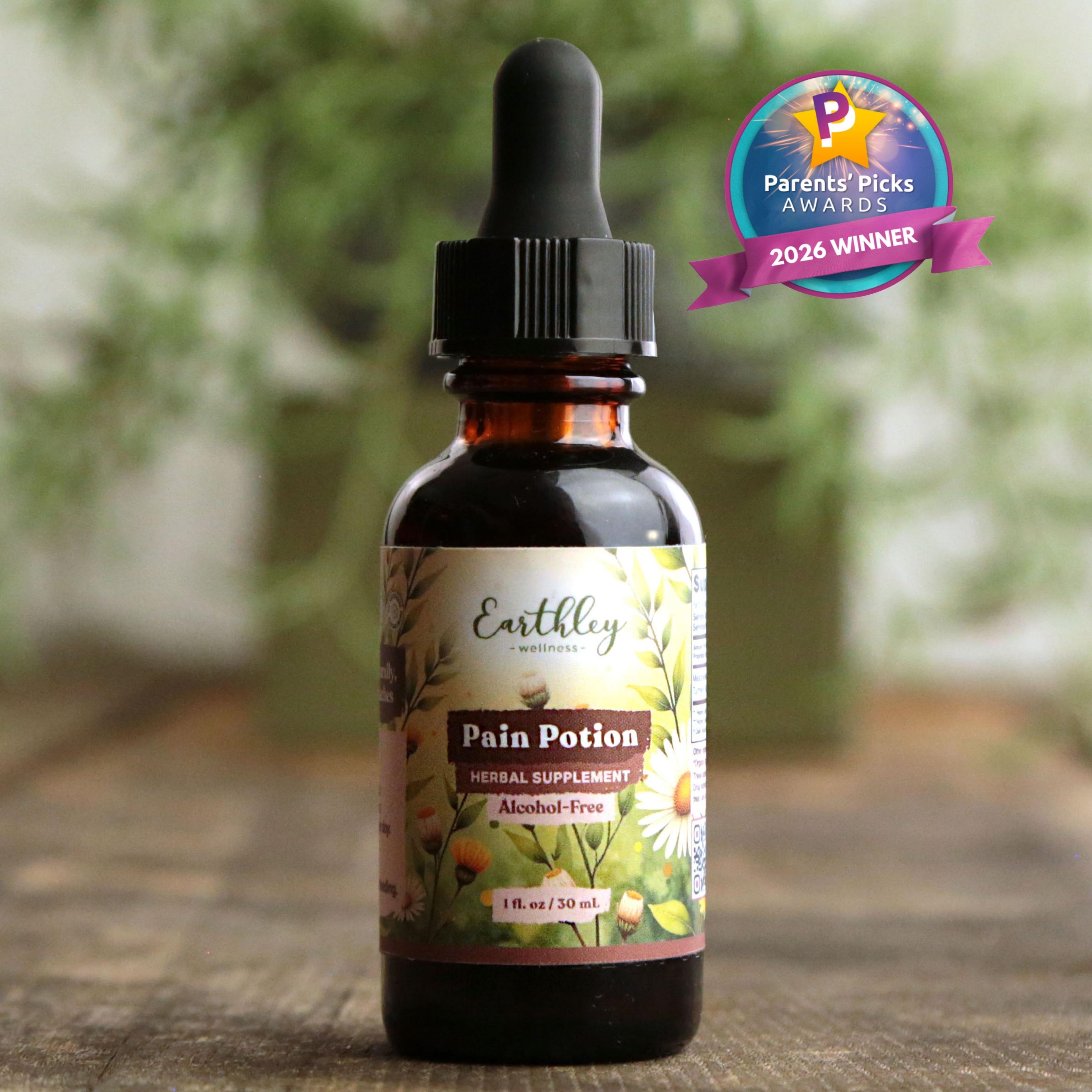 Earthley Pain Potion herbal tincture bottle with dropper, featuring botanical label design and Parents' Picks 2026 Winner badge