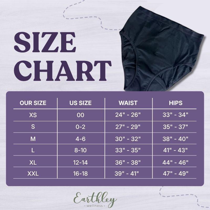 Period underwear size chart: XS-XXL with waist and hip measurements in inches.