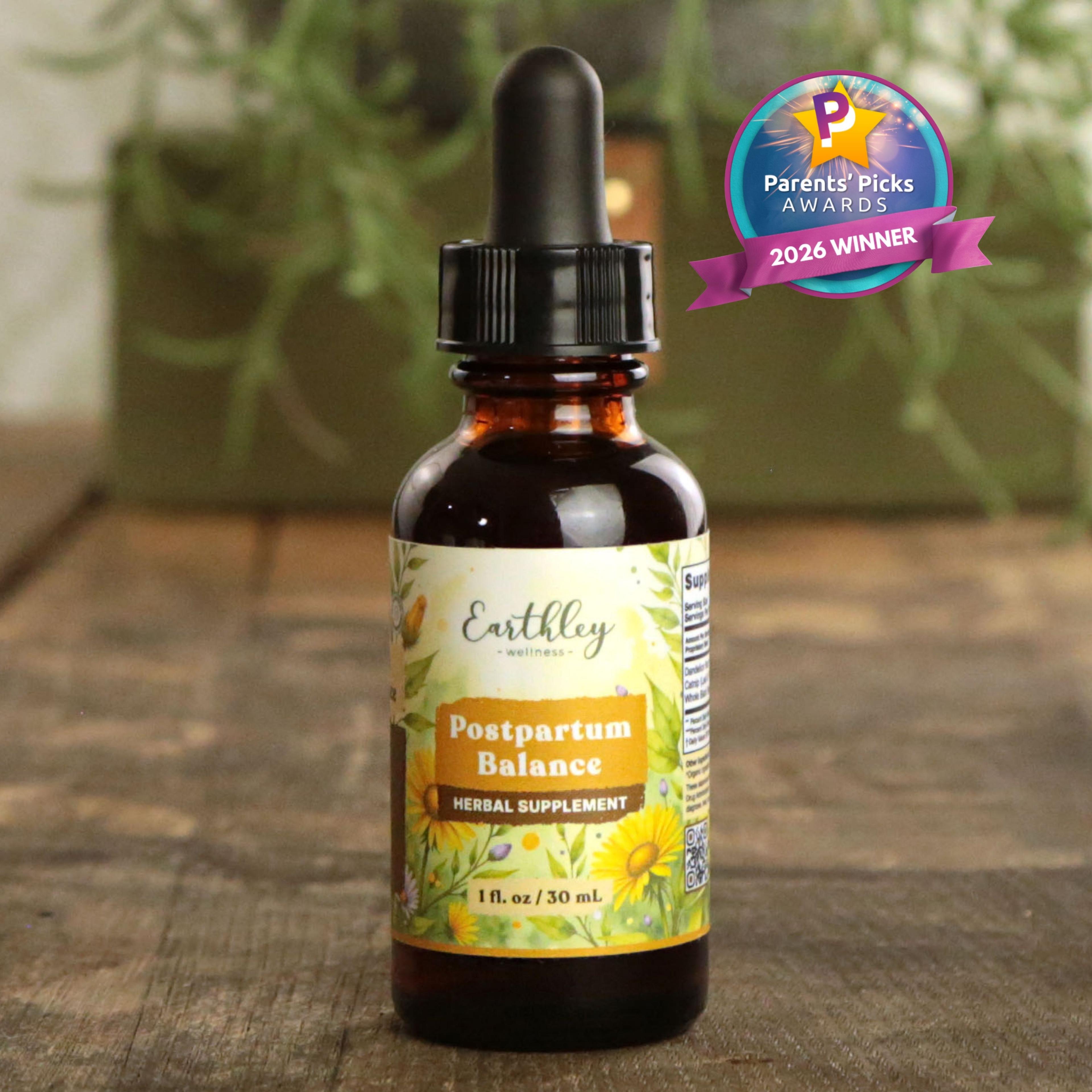 Earthley Postpartum Balance herbal tincture bottle with dropper and Parents' Picks 2026 Winner award badge