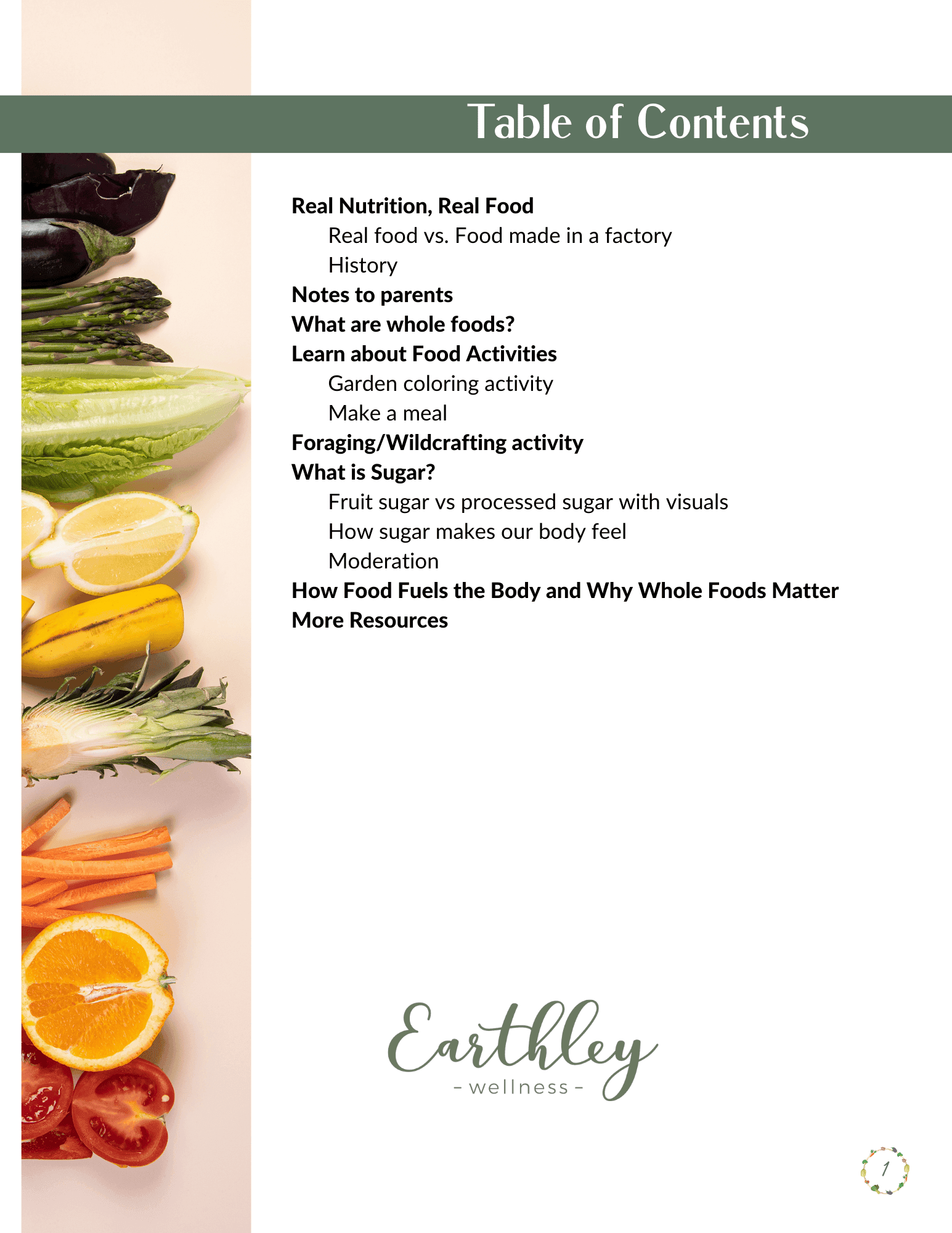 Real Nutrition Real Food table of contents page with sage green header banner and colorful produce photo strip showing green celery orange carrots yellow peppers and lemon on white background