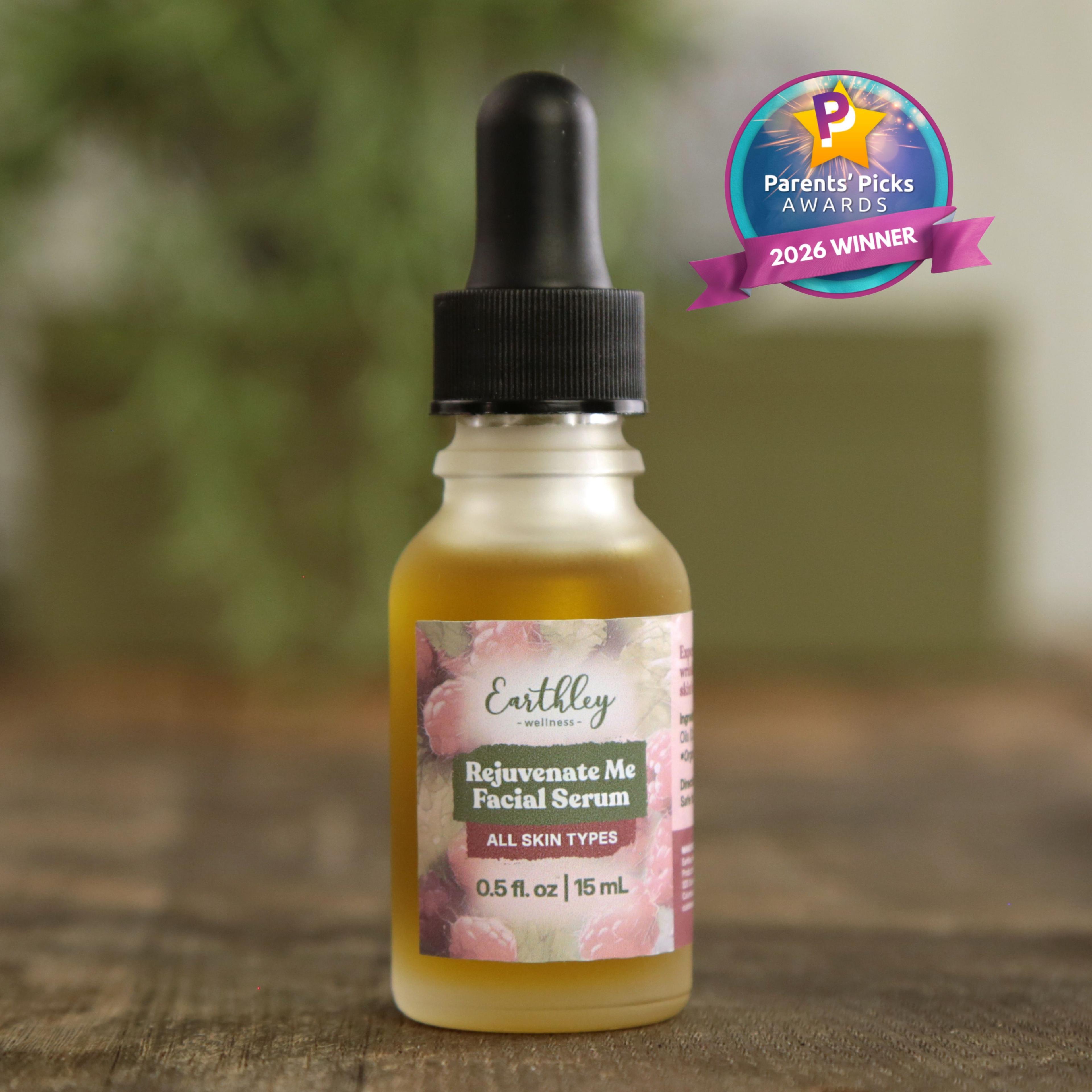 Earthley Rejuvenate Me Facial Serum bottle with dropper, featuring Parents' Picks Awards 2026 Winner badge