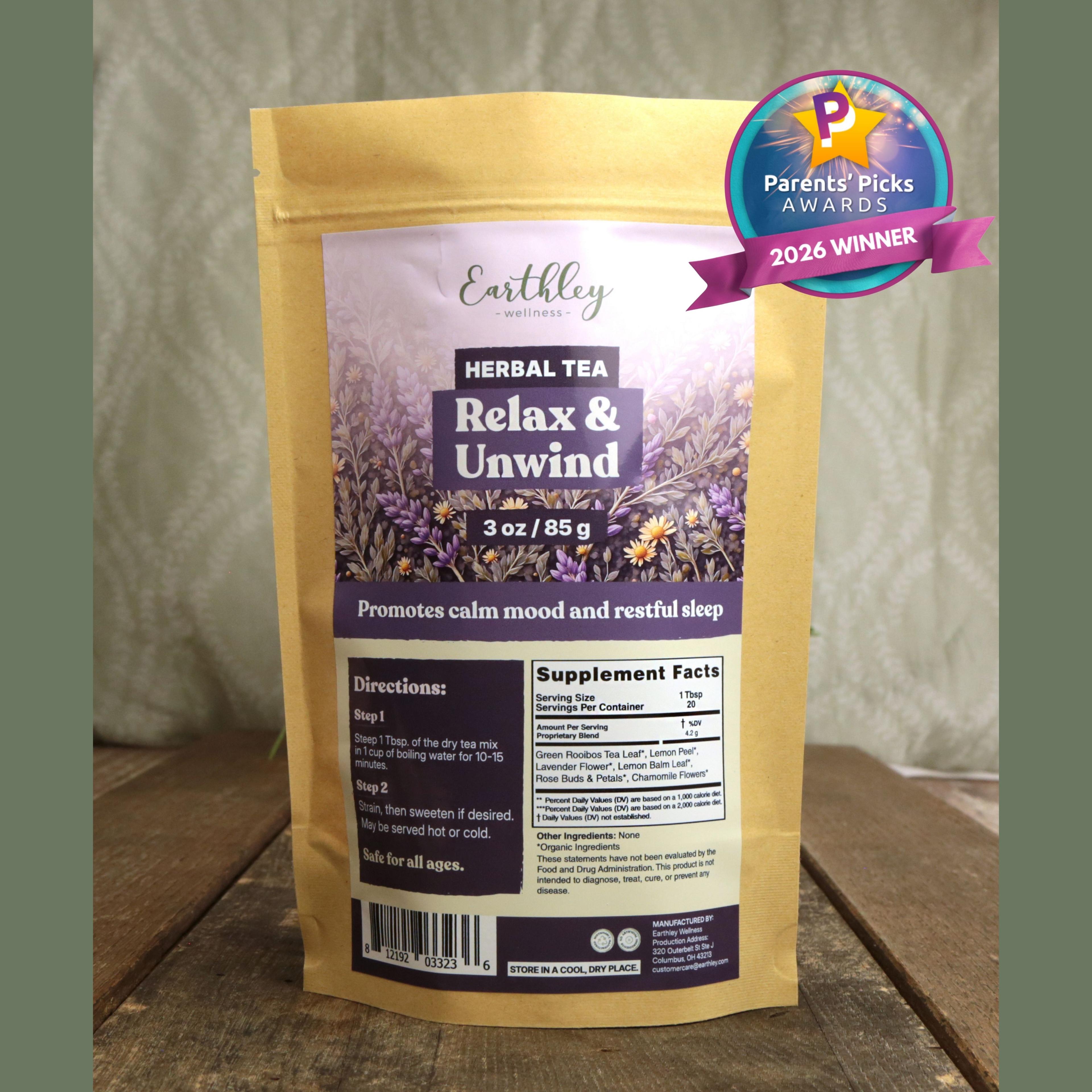 Earthley Wellness Relax & Unwind herbal tea package with Parents' Picks Awards 2026 Winner badge on wooden surface