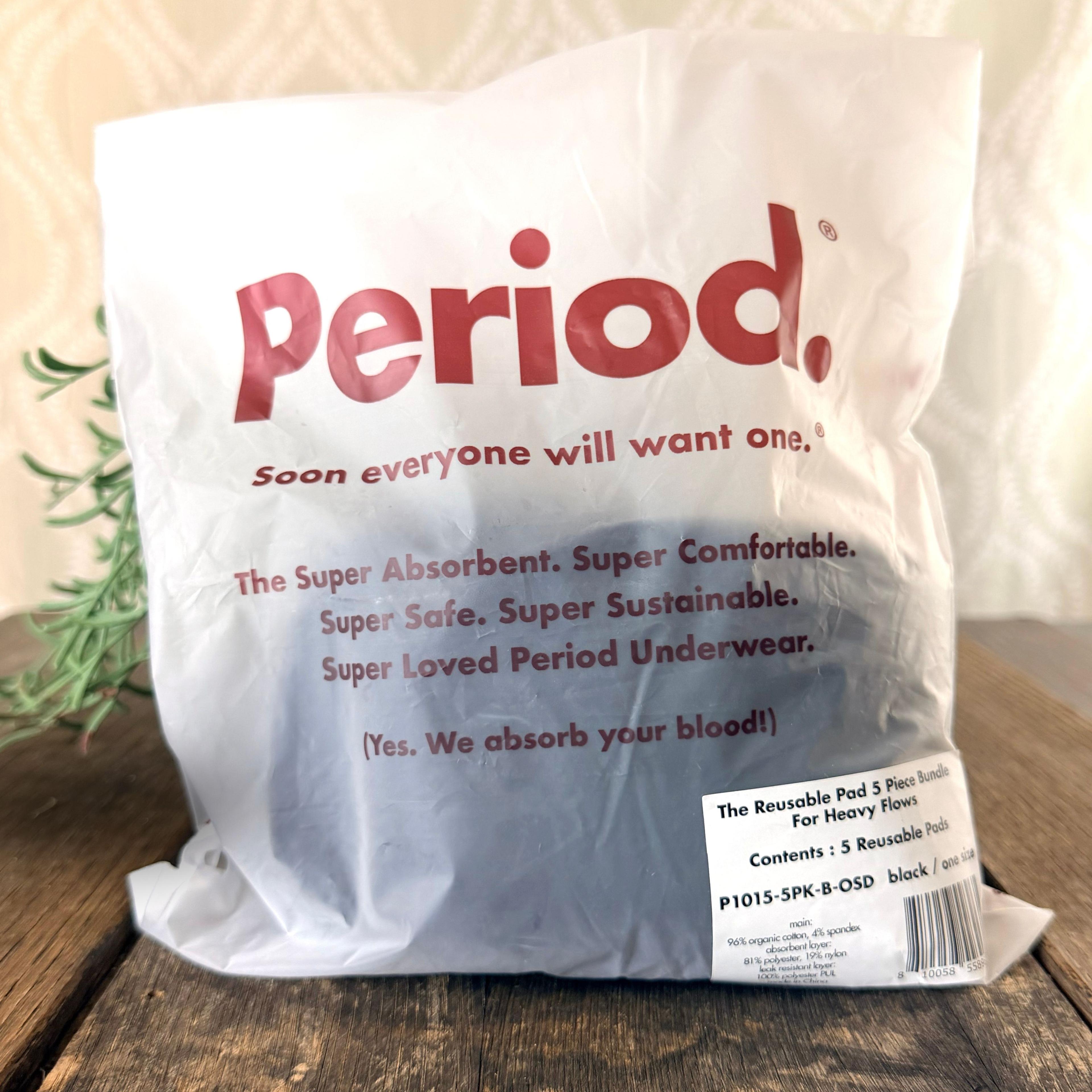 Period. brand reusable pad 5-piece bundle for heavy flows in white packaging