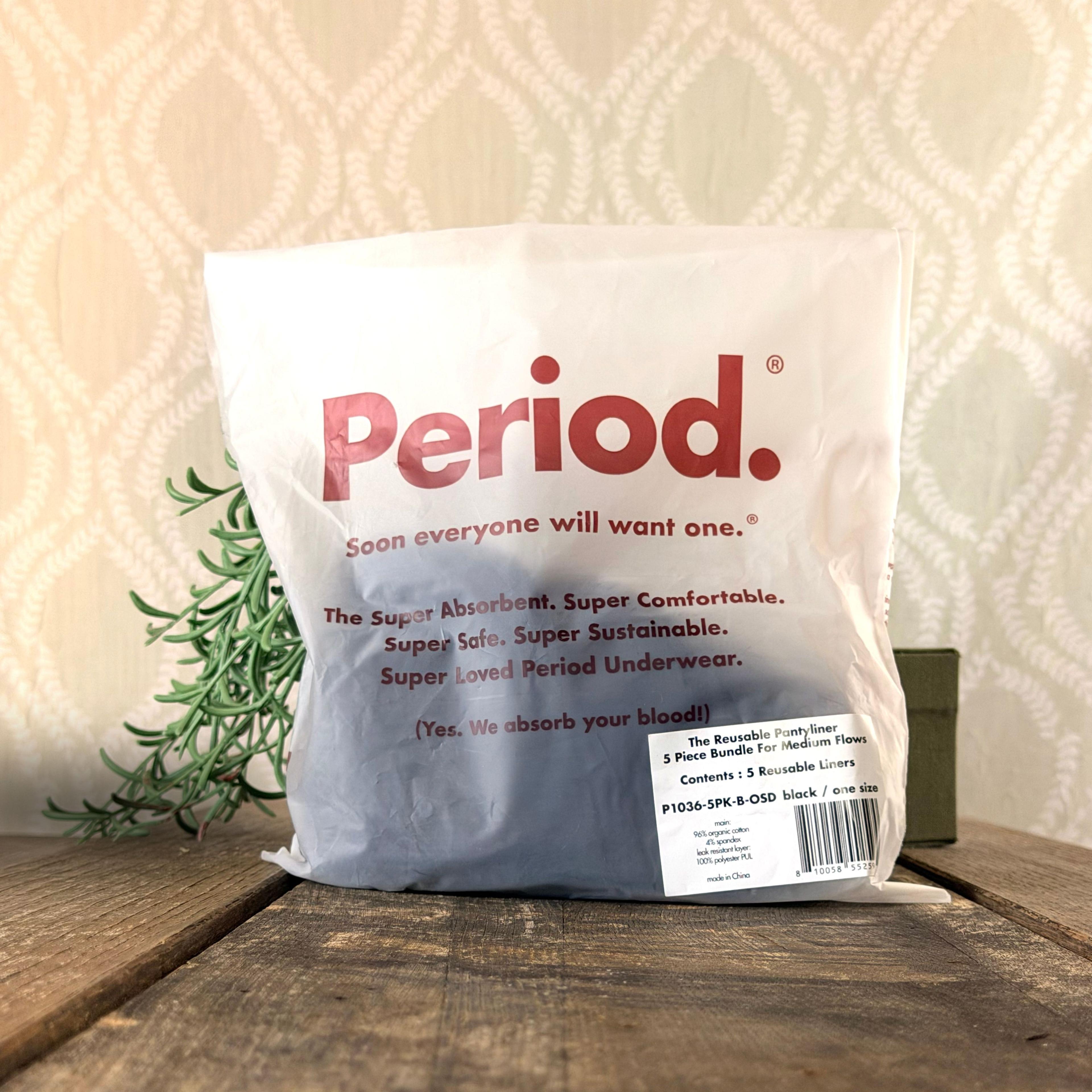 Period. brand reusable pantyliner 5-pack bundle for medium flows, black, one size fits all
