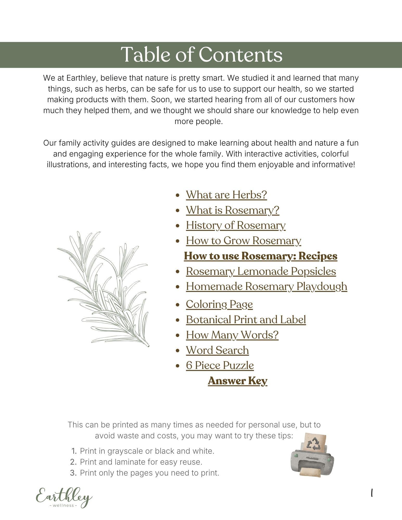 Earthley Rosemary Table of Contents page with sage green olive header and gray rosemary botanical illustration with recipes and activities list on white background