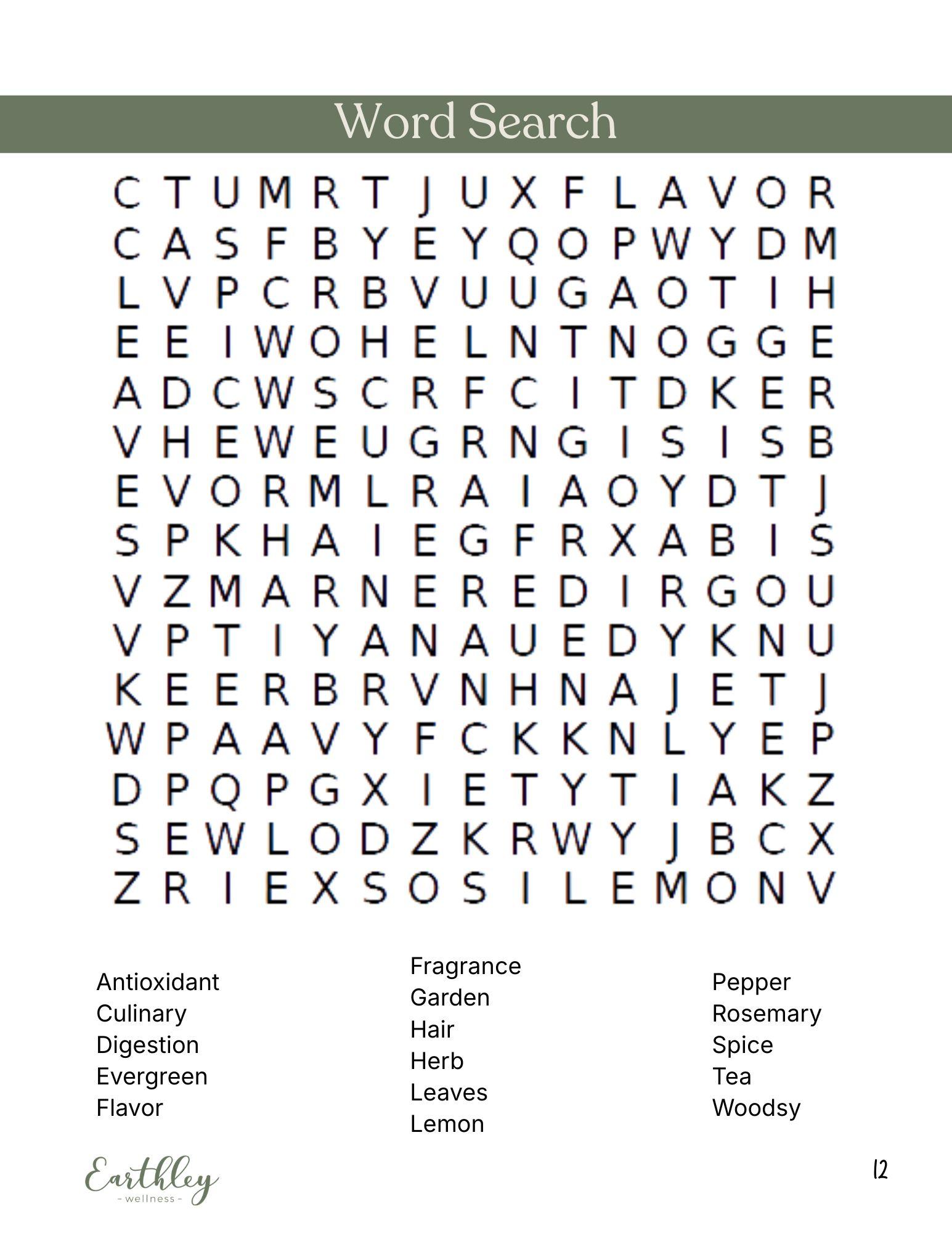Earthley Rosemary Word Search activity page with sage green olive header and letter grid puzzle with word list including Antioxidant Fragrance Garden Herb and Spice on white background
