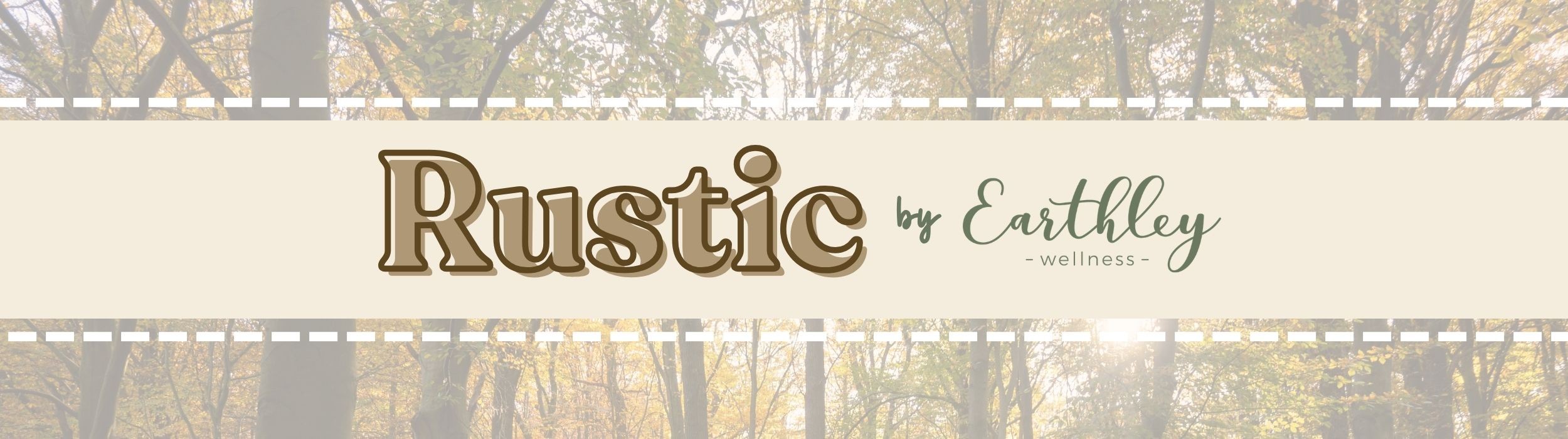 autumn tree line with Rustic by Earthley banner in ivory