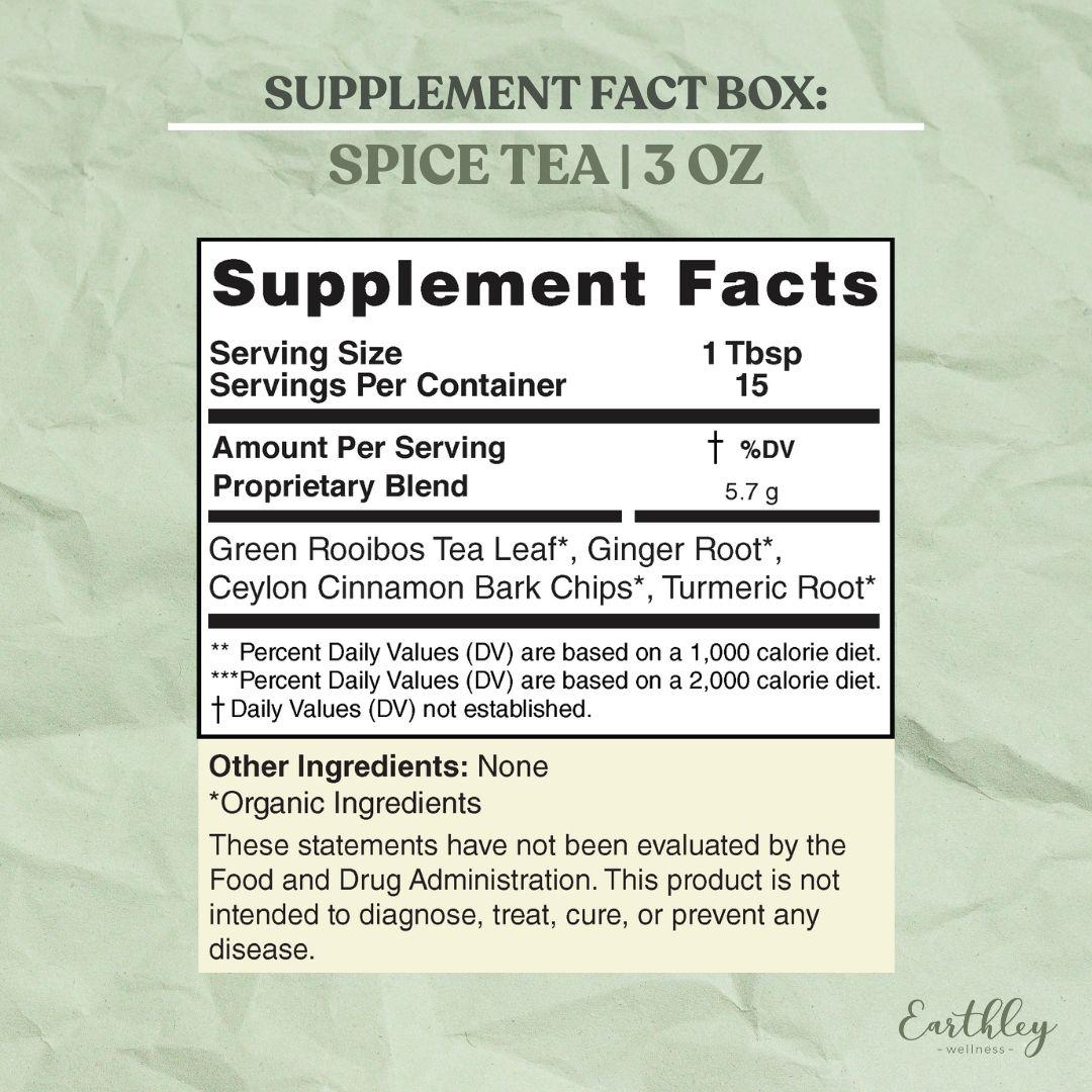 Supplement facts label for Spice Tea showing organic ingredients including rooibos, ginger, cinnamon, and turmeric