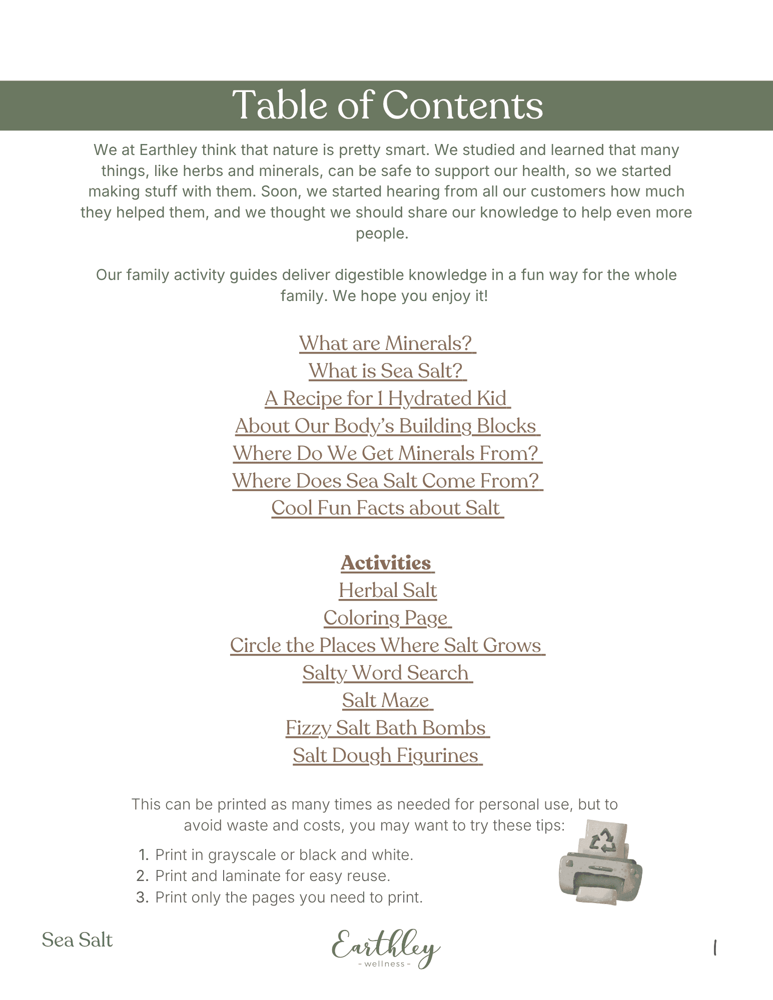 Earthley Sea Salt Mini Family Guide table of contents page with olive green header bar and sage watercolor illustrations of jars
