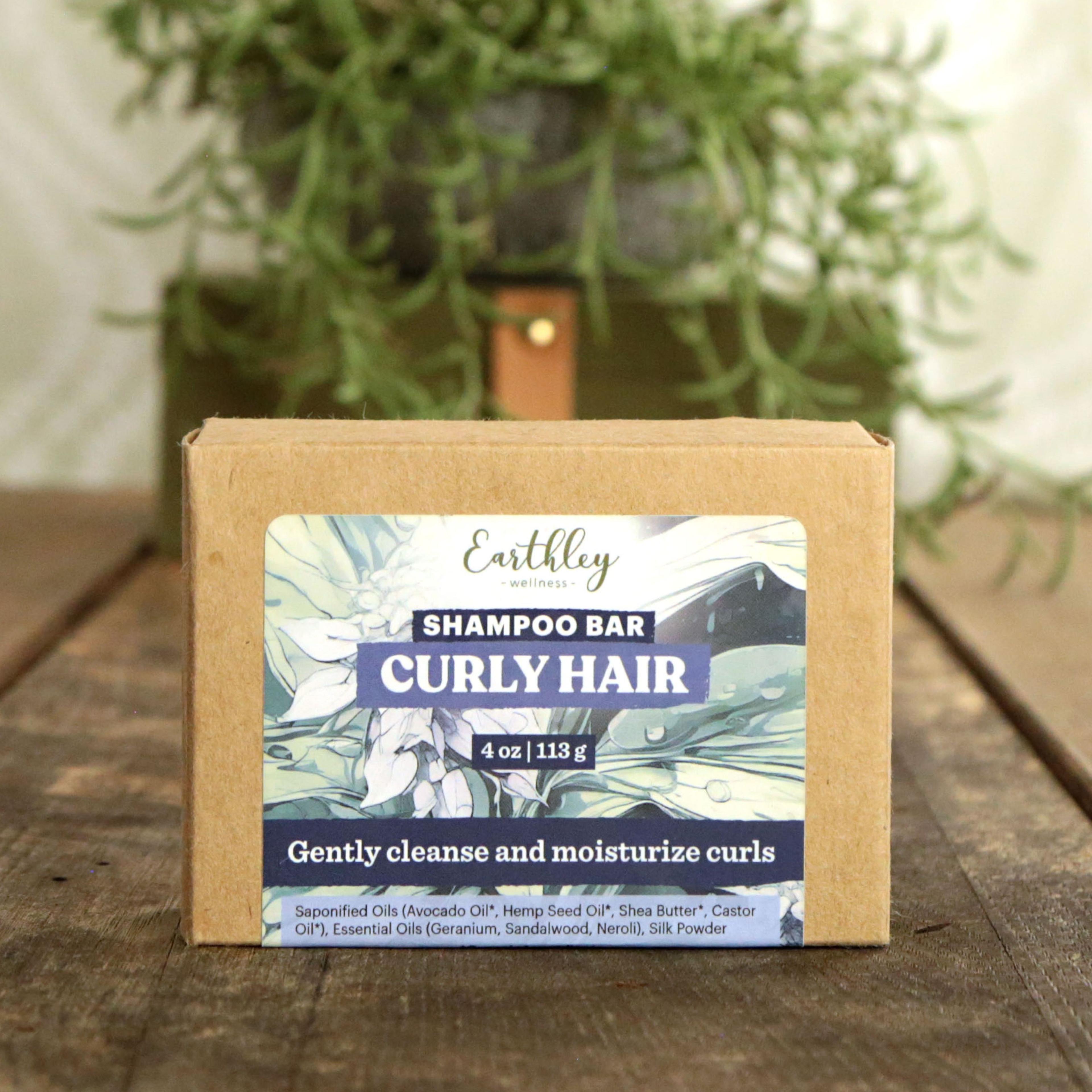 Earthley Shampoo Bar for Curly Hair 4oz natural bar with teal curl pattern label for defining and moisturizing curls