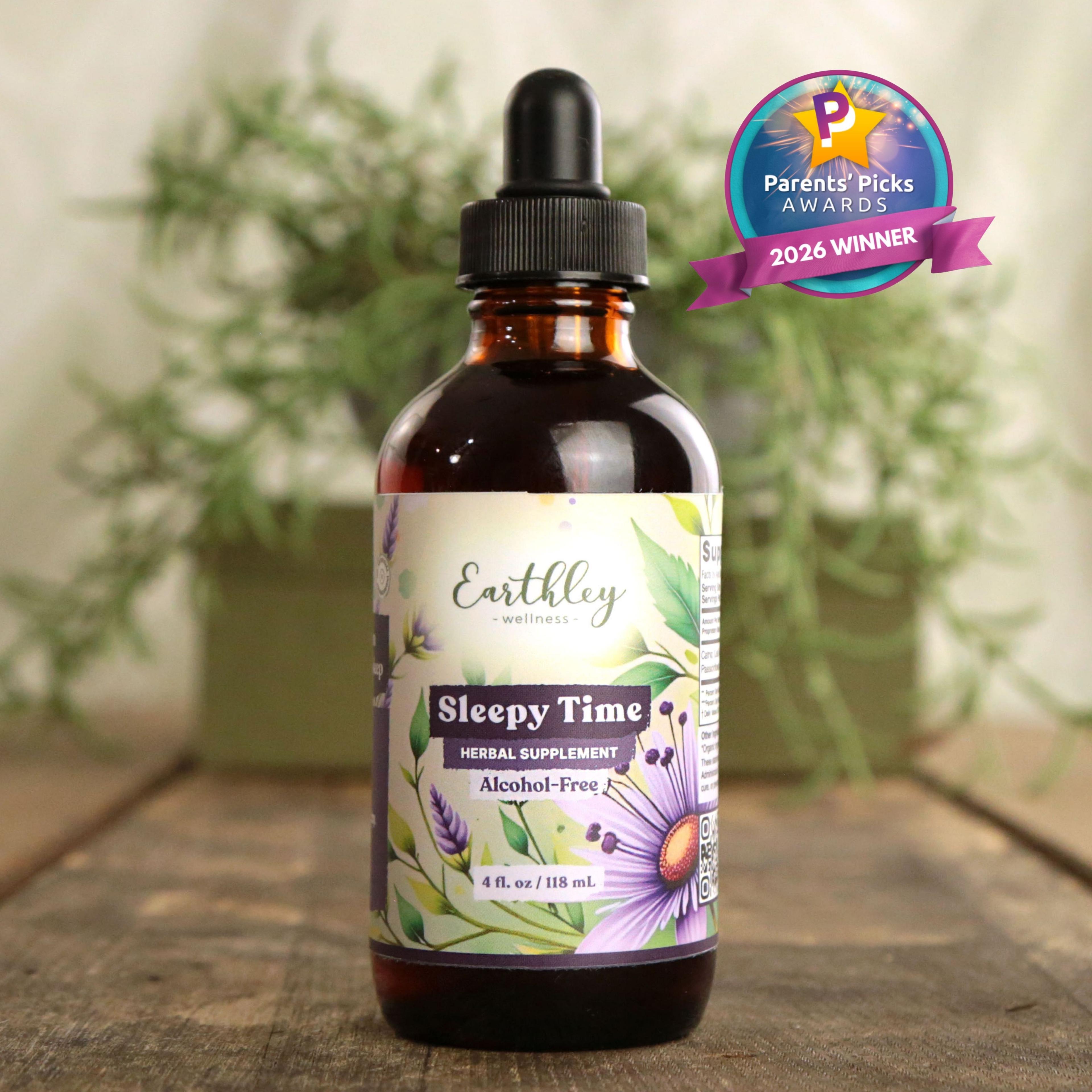 Earthley Sleepy Time herbal tincture bottle with dropper, featuring floral label design and Parents' Picks 2026 Winner award badge
