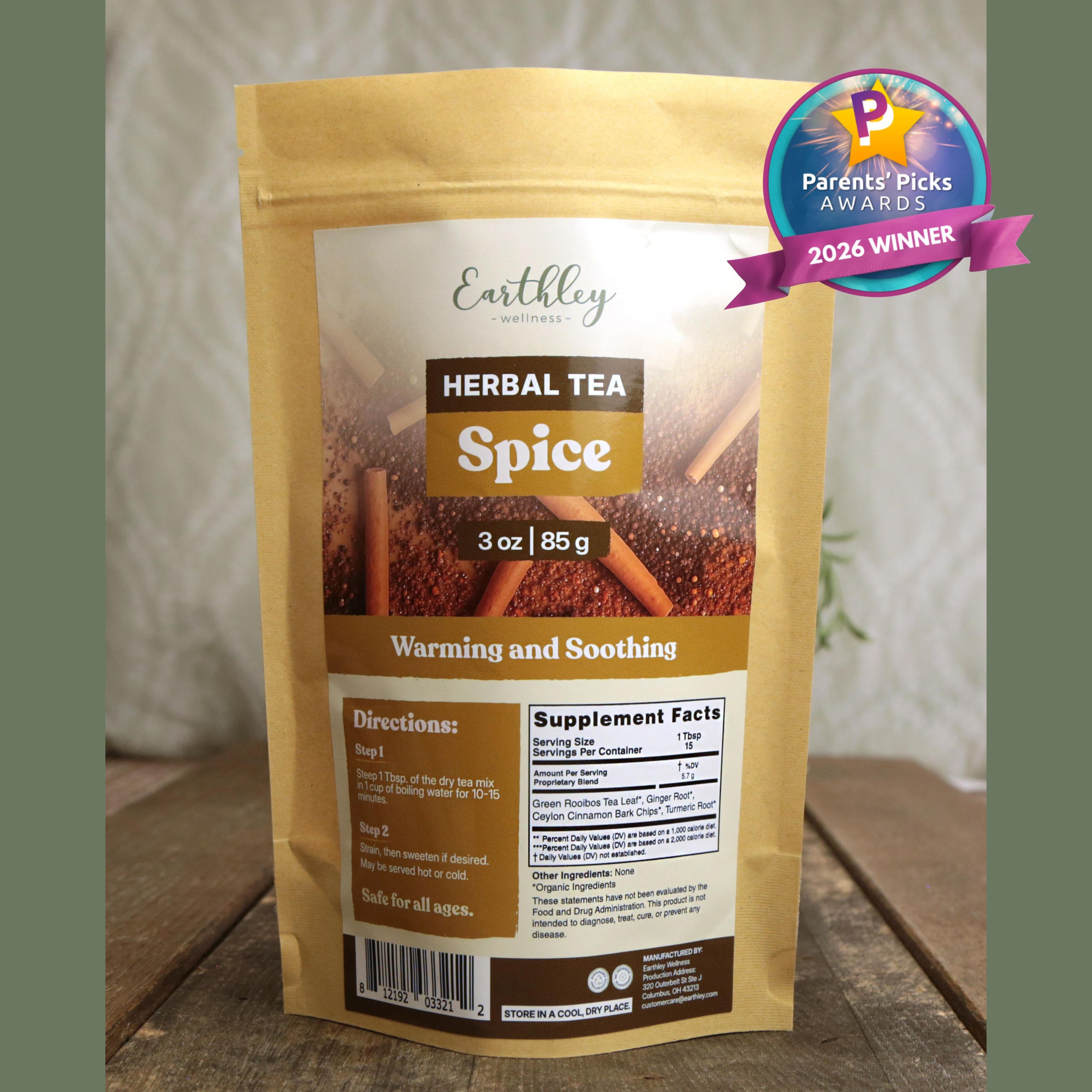 Earthley Wellness Spice Herbal Tea package with Parents' Picks Awards 2026 Winner badge, 3 oz warming and soothing blend