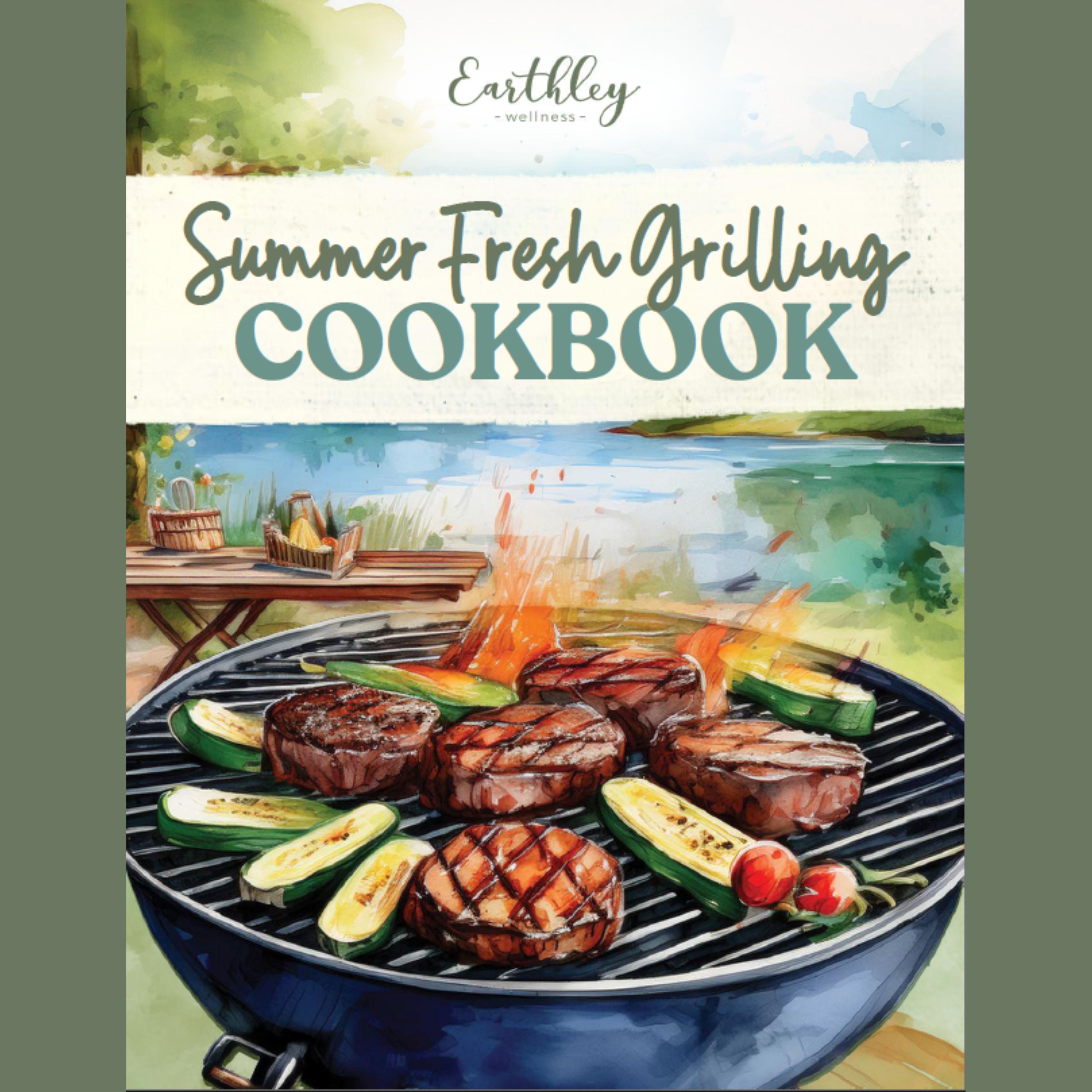 A Summer Fresh Grilling Cookbook pdf cover featuring a watercolor grill with beef cuts and vegetables with a table and waterway nearby.