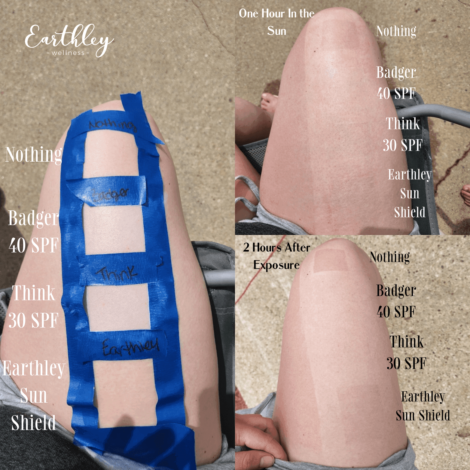 Sunscreen comparison test showing Earthley Sun Shield vs Badger and Think brands after 1-2 hours sun exposure on leg