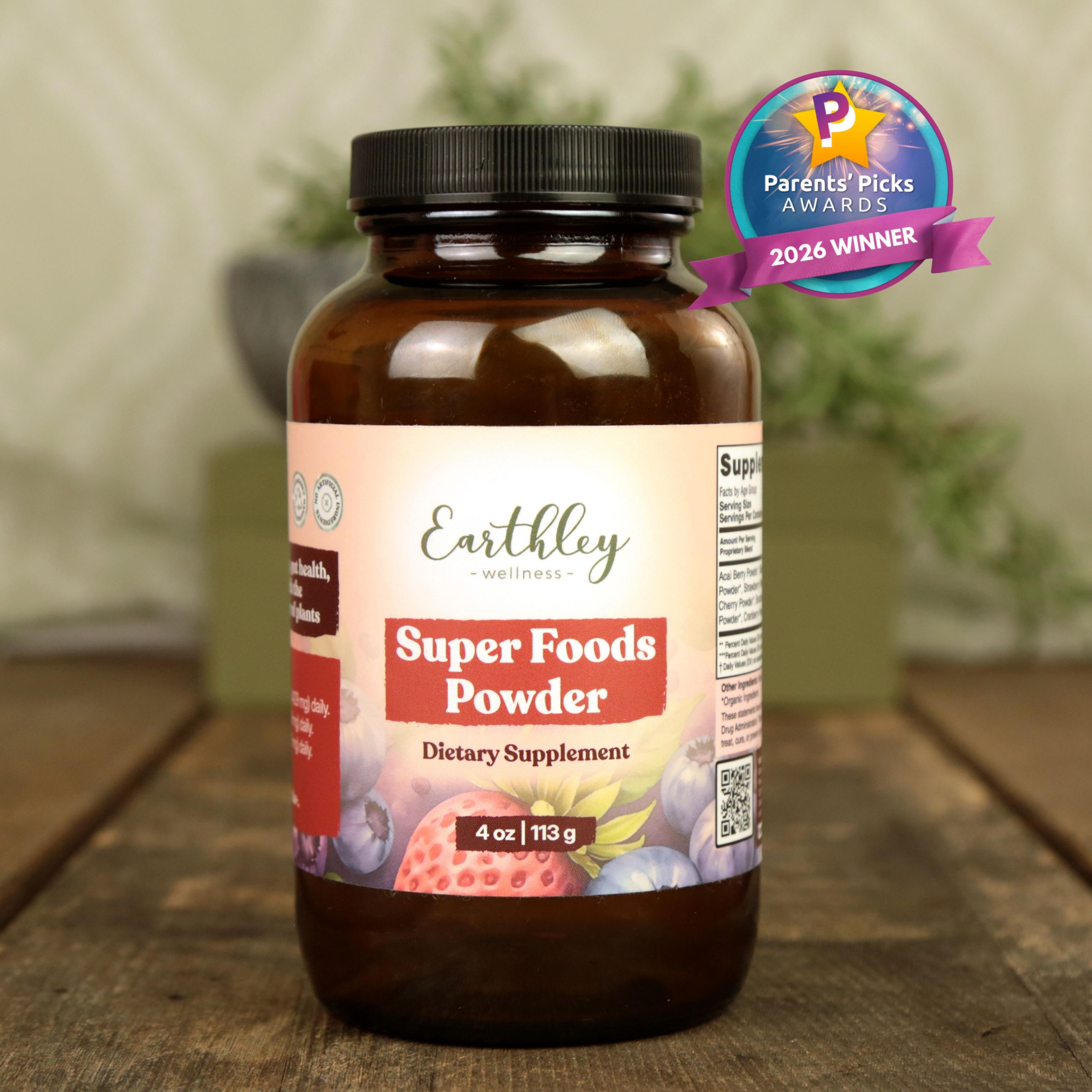 Earthley Super Foods Powder supplement jar with Parents' Picks 2026 Winner award badge on wooden surface