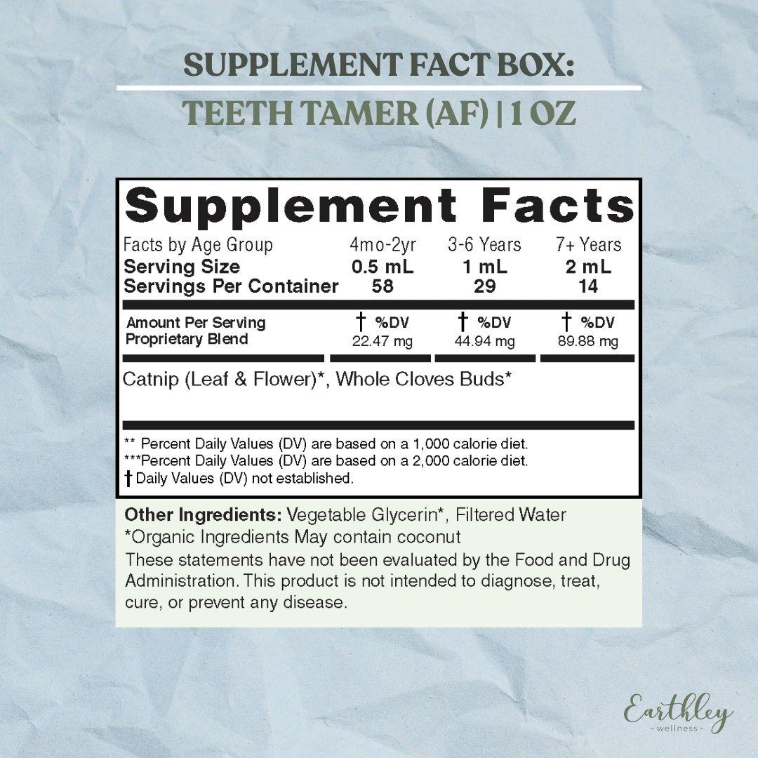 Supplement facts label for Teeth Tamer tincture showing serving sizes by age group and catnip ingredients