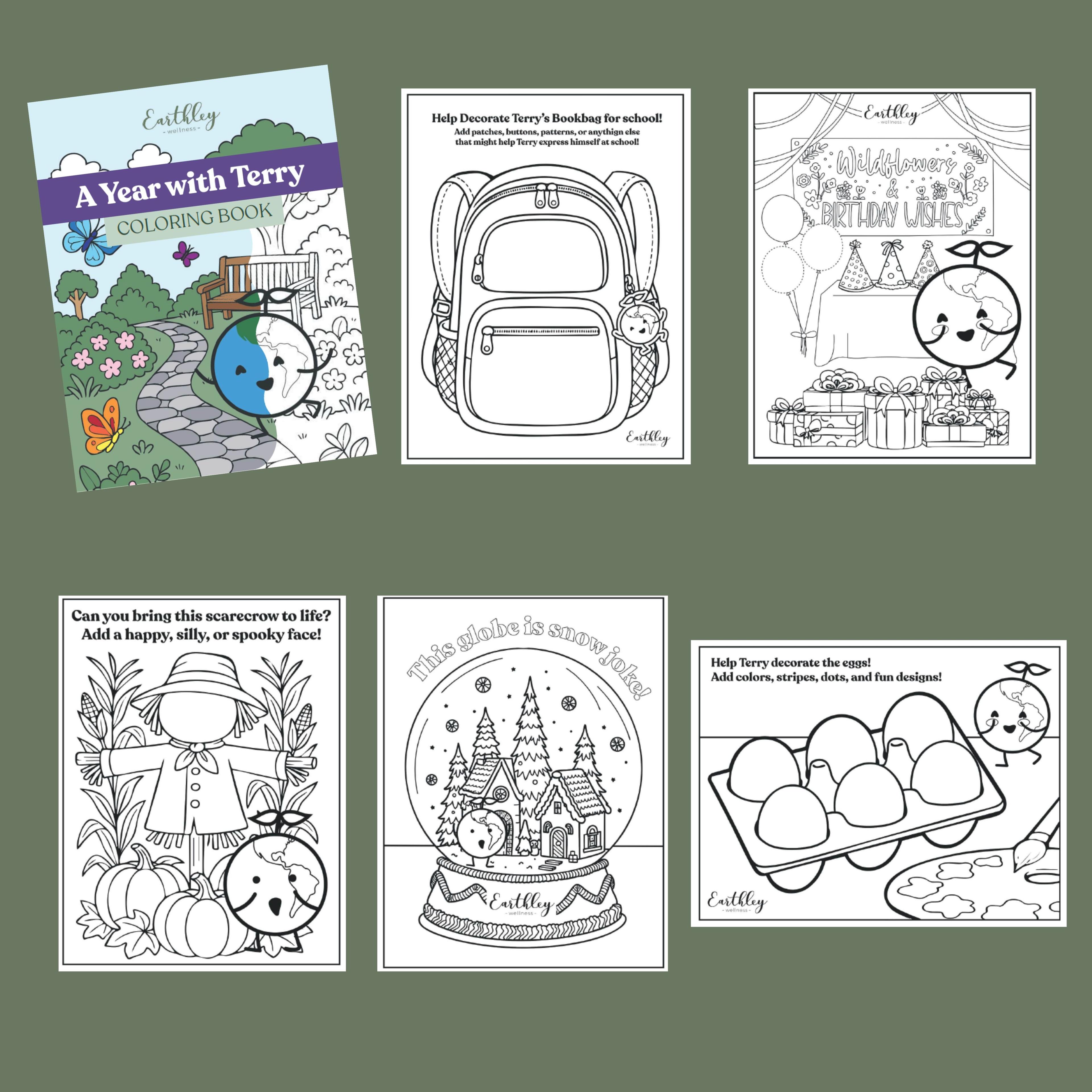 A Year with Terry" Earthley kids coloring book showing six seasonal activity pages