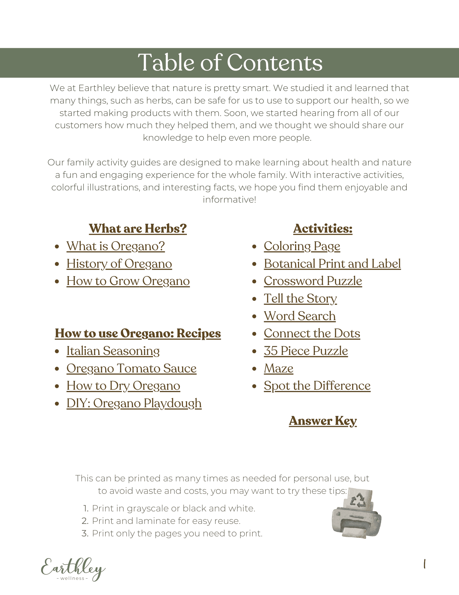 Earthley Table of Contents page for Oregano Family Guide with sage green olive header and herb jar illustrations showing recipes and activities