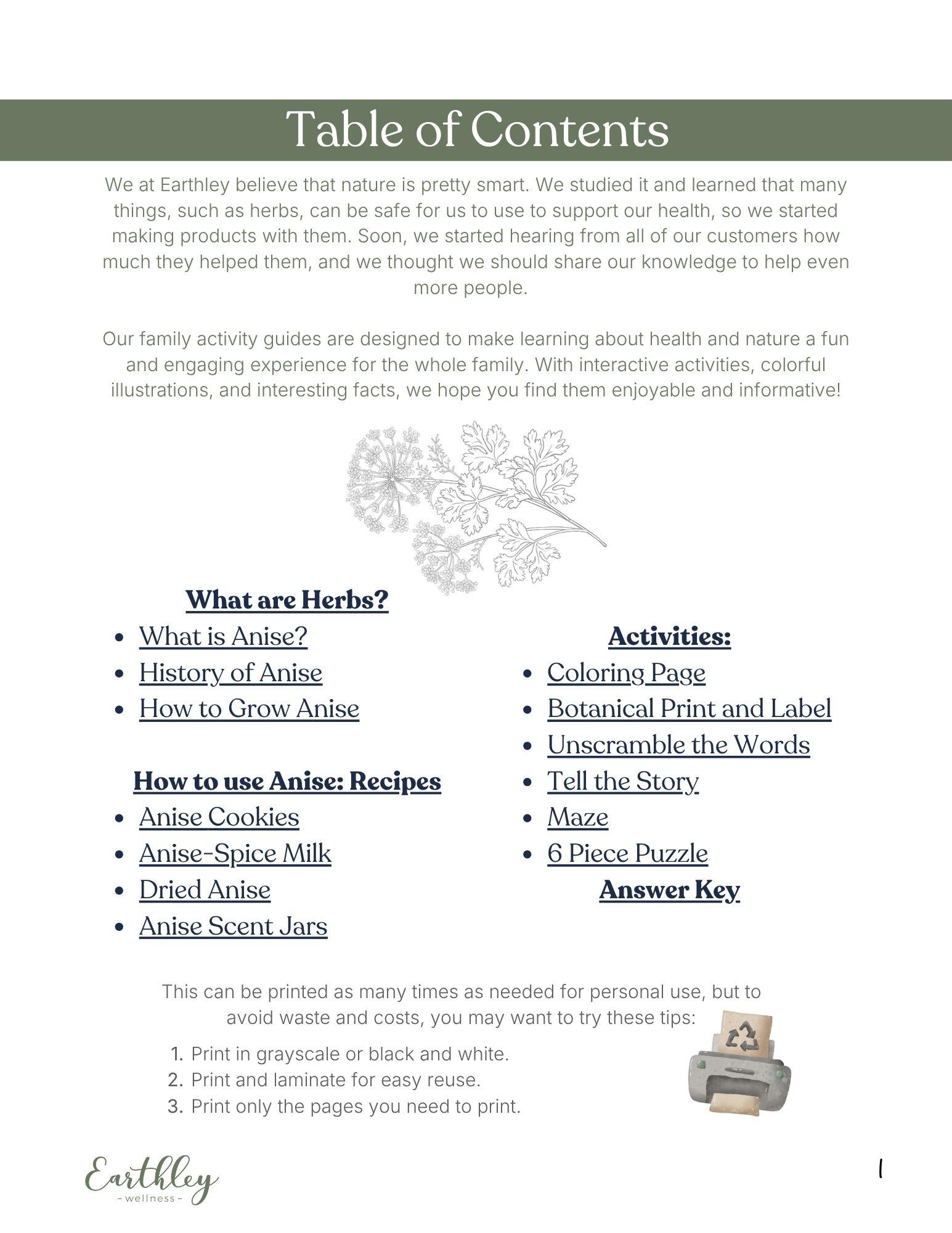 Earthley Table of Contents page for Anise Mini Family Guide with sage green olive header and gray anise botanical illustration with recipes and activities list on white background