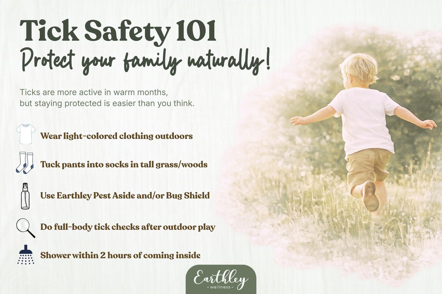 Tick safety infographic with blonde child running through sunny meadow, featuring 5 natural protection tips