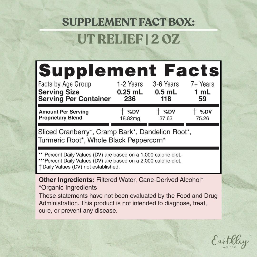 Supplement facts label for UT Relief 2 oz tincture showing dosage by age group and herbal ingredients including cranberry and dandelion root