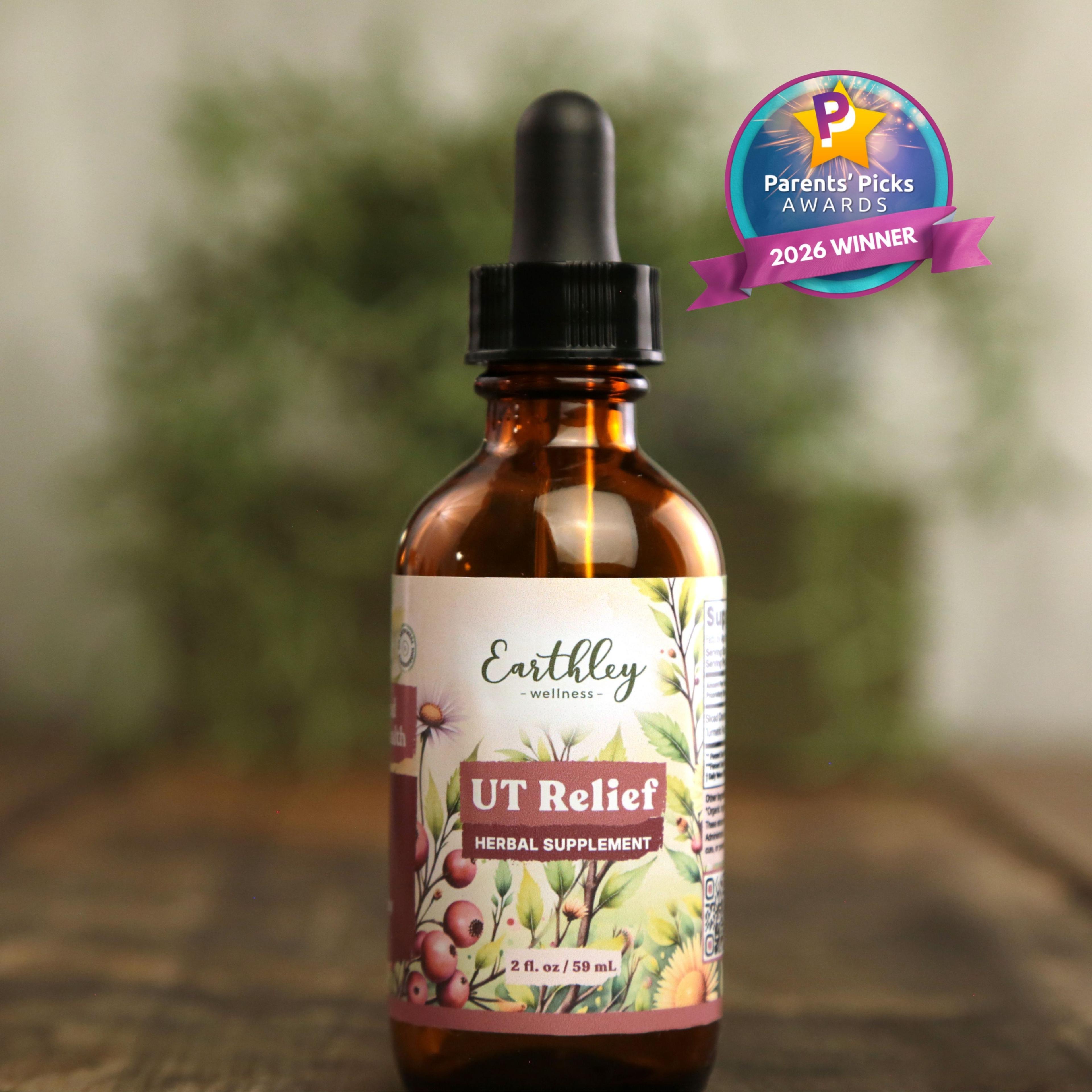Earthley UT Relief herbal supplement tincture bottle with dropper, featuring Parents' Picks Awards 2026 Winner badge