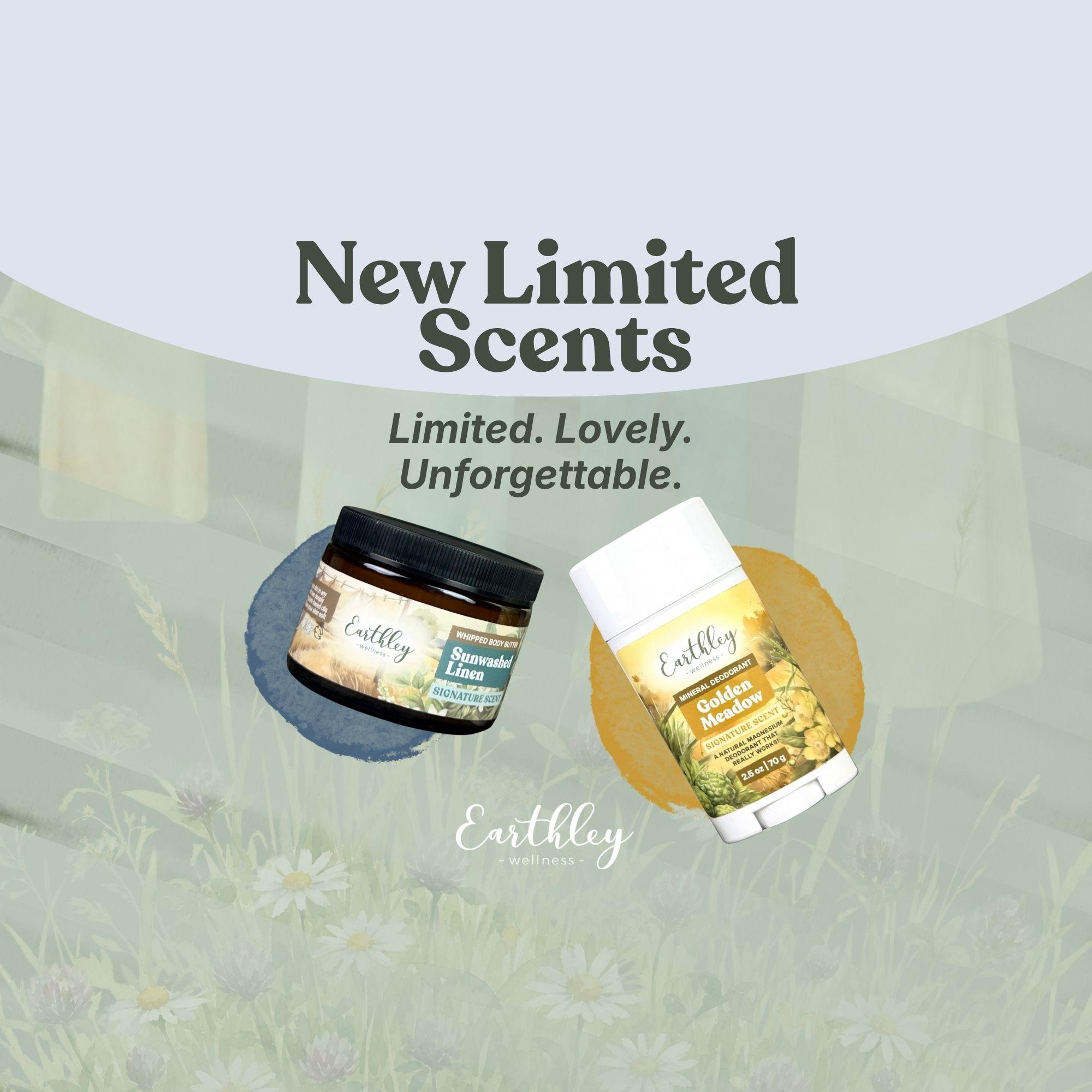 Earthley Wellness new limited scents: Sunwashed Linen body butter jar and Golden Meadow deodorant stick