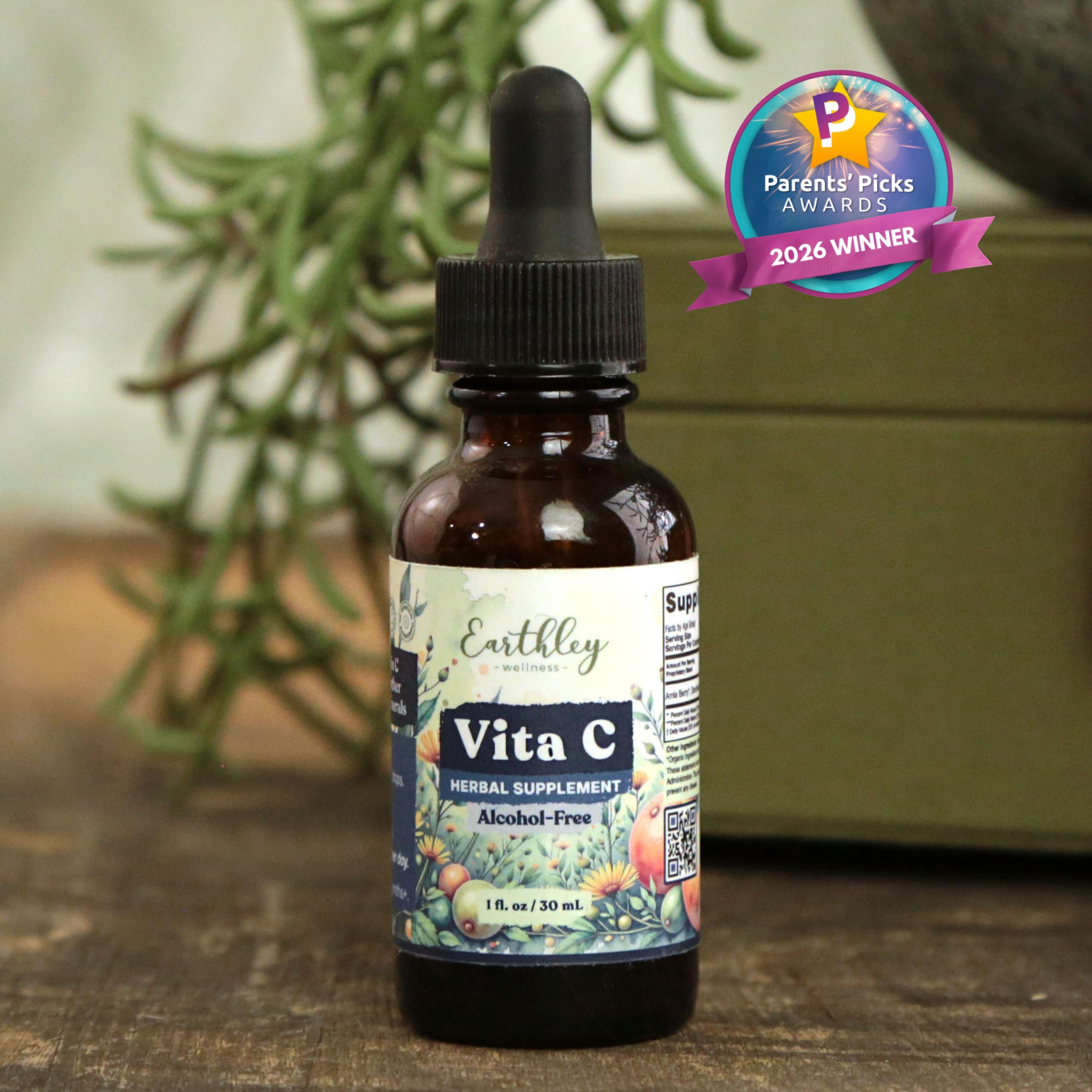 Earthley Vita C herbal supplement bottle with dropper, featuring Parents' Picks Awards 2026 Winner badge