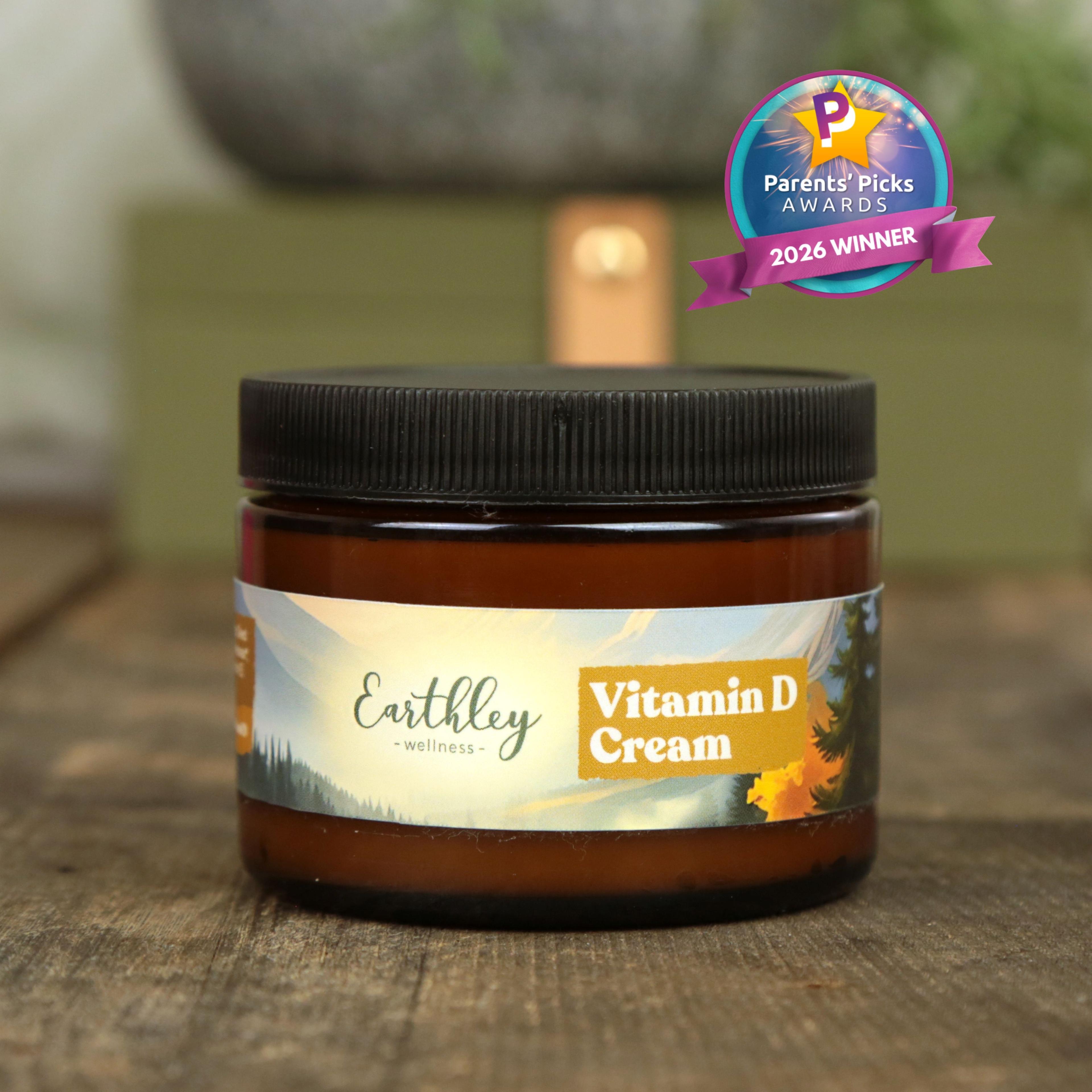 Earthley Wellness Vitamin D Cream jar with black lid and nature-themed label, featuring Parents' Picks Awards 2026 Winner badge