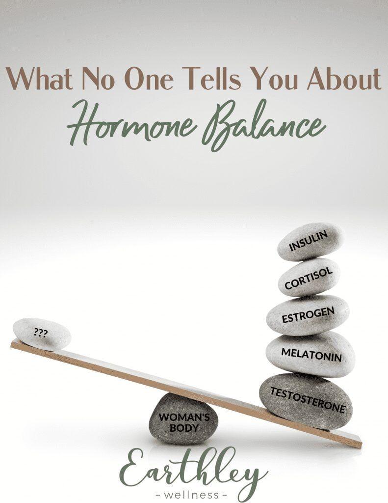 Earthley What No One Tells You About Hormone Imbalance guide cover with gray wooden balance beam and white gray stones with sage green text