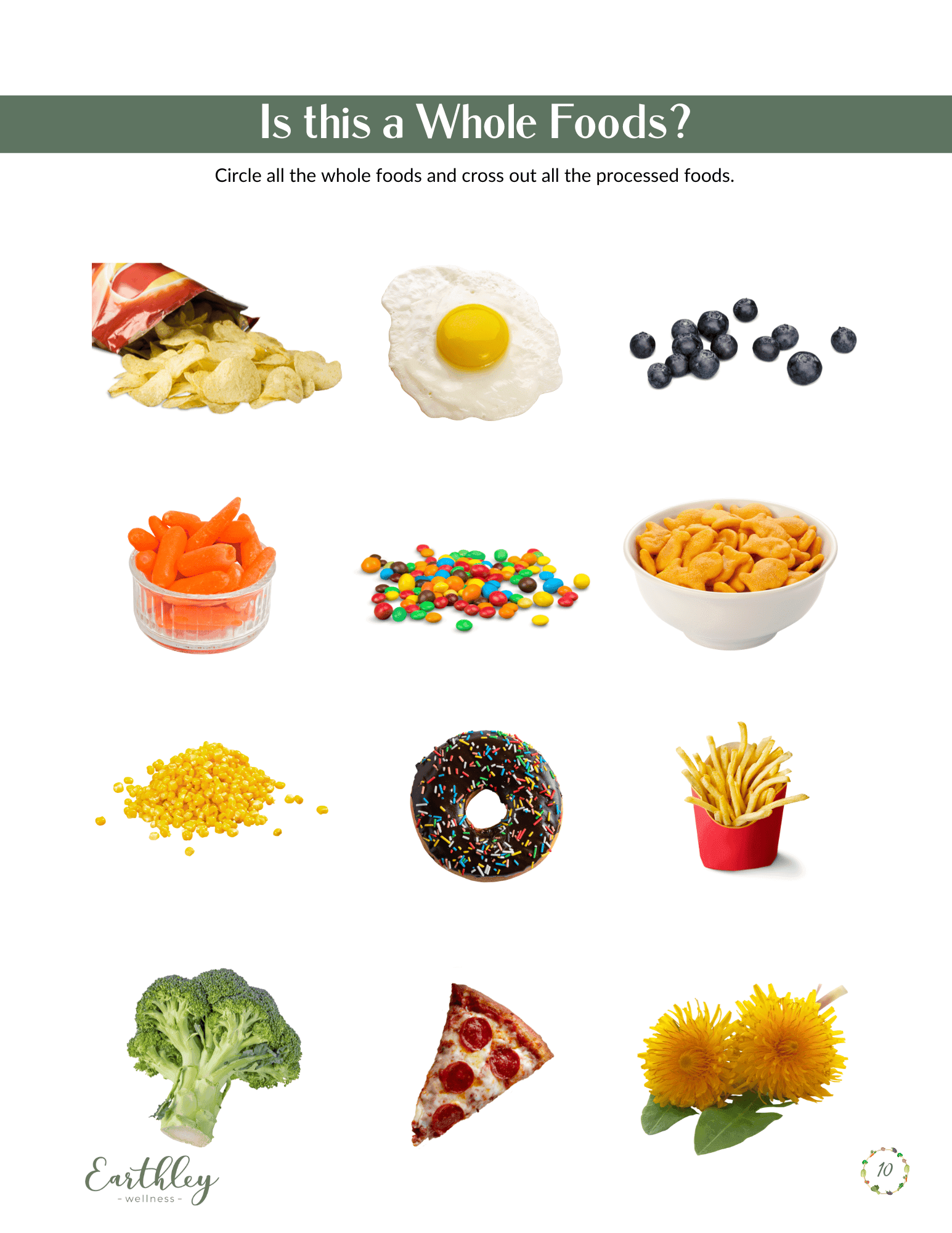Is this a Whole Foods activity game page with food photo grid showing yellow potato chips white fried egg blue blueberries orange carrots colorful candy yellow cereal bowl yellow corn brown chocolate donut with sprinkles red french fries box green broccoli pizza slice and yellow dandelion