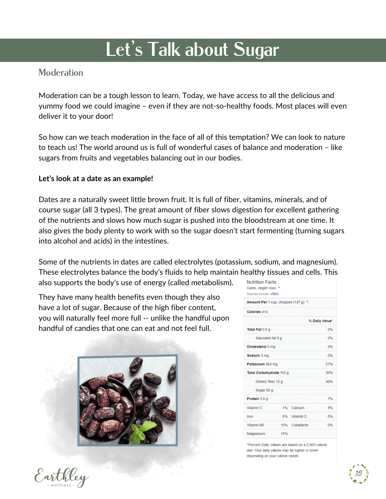 What is Sugar educational guide page about moderation showing brown dried dates in bowl photo at bottom with text explaining natural sugars on white background
